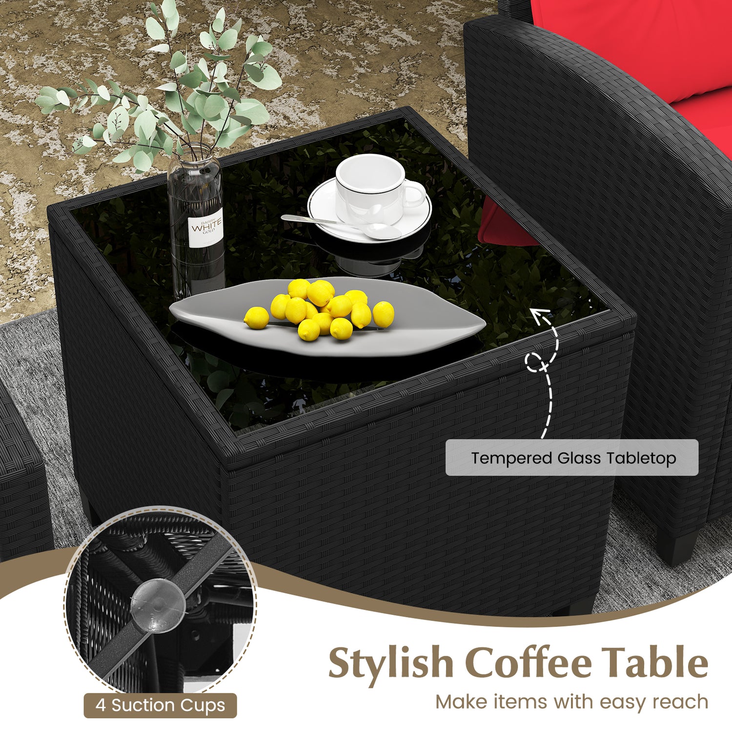 3 Pieces Patio Furniture Set with Tempered Glass Coffee Table