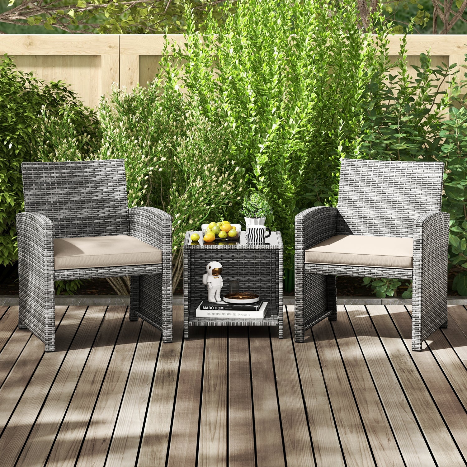 3 Pieces Patio Furniture Set with Tempered Glass Coffee Table and Soft Seat Cushions