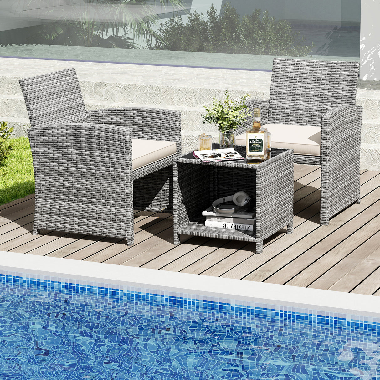 3 Pieces Patio Furniture Set with Tempered Glass Coffee Table and Soft Seat Cushions