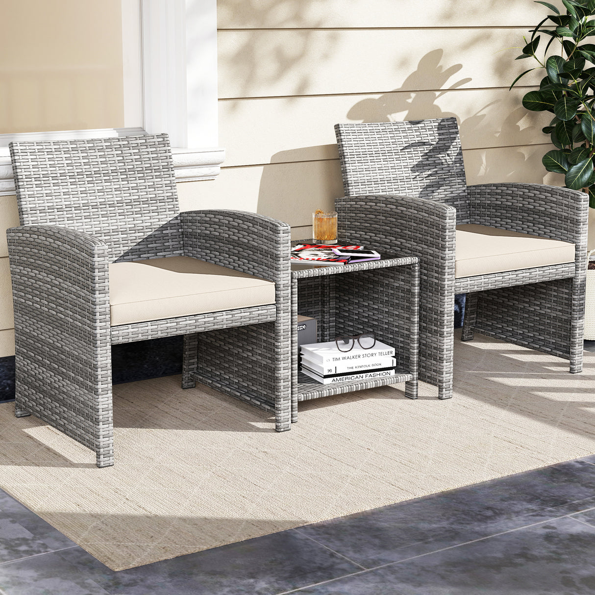 3 Pieces Patio Furniture Set with Tempered Glass Coffee Table and Soft Seat Cushions