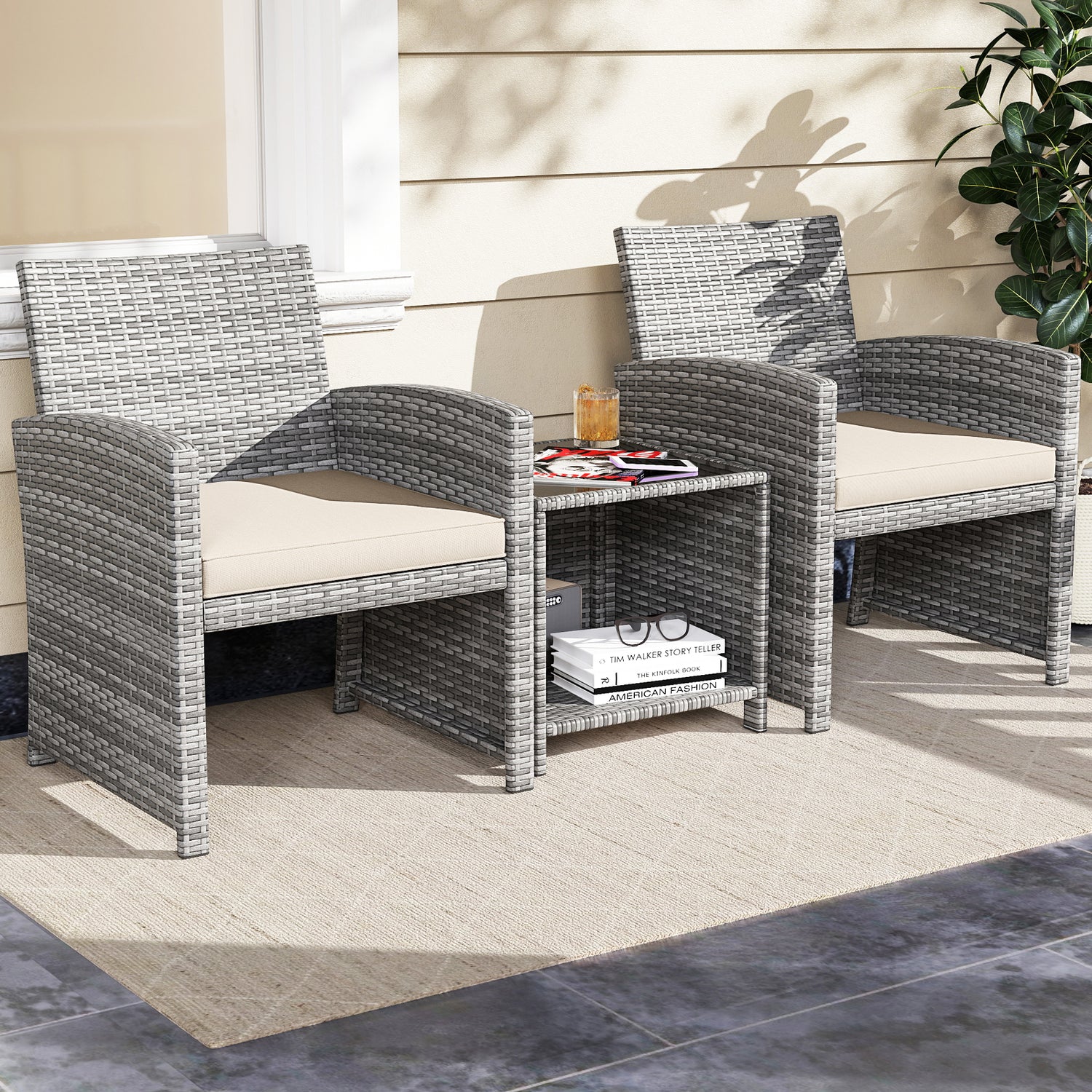 3 Pieces Patio Furniture Set with Tempered Glass Coffee Table and Soft Seat Cushions