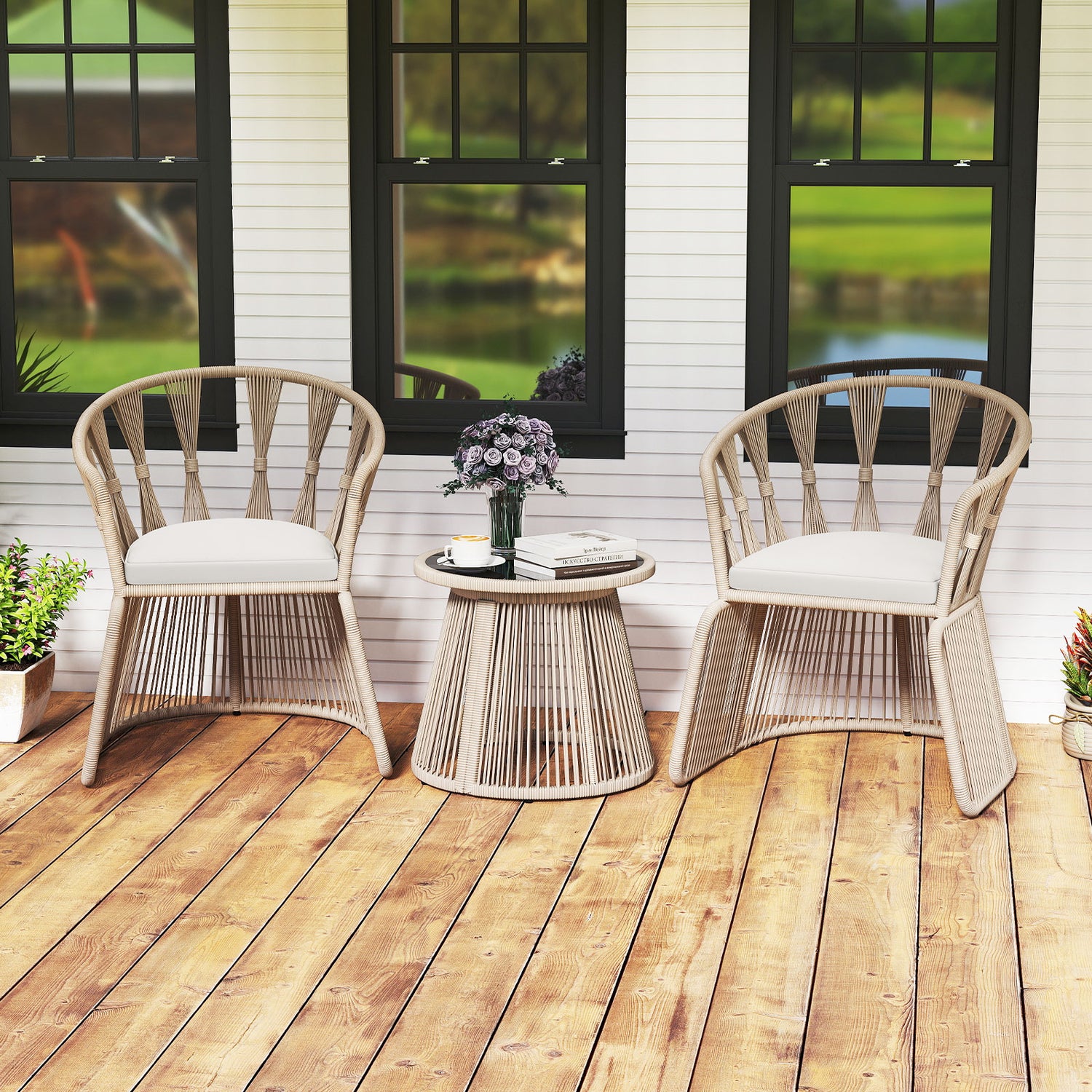 3 Pieces Patio Leisure Chair Set with Rope-Woven Armchairs and Seat Cushions-Off White