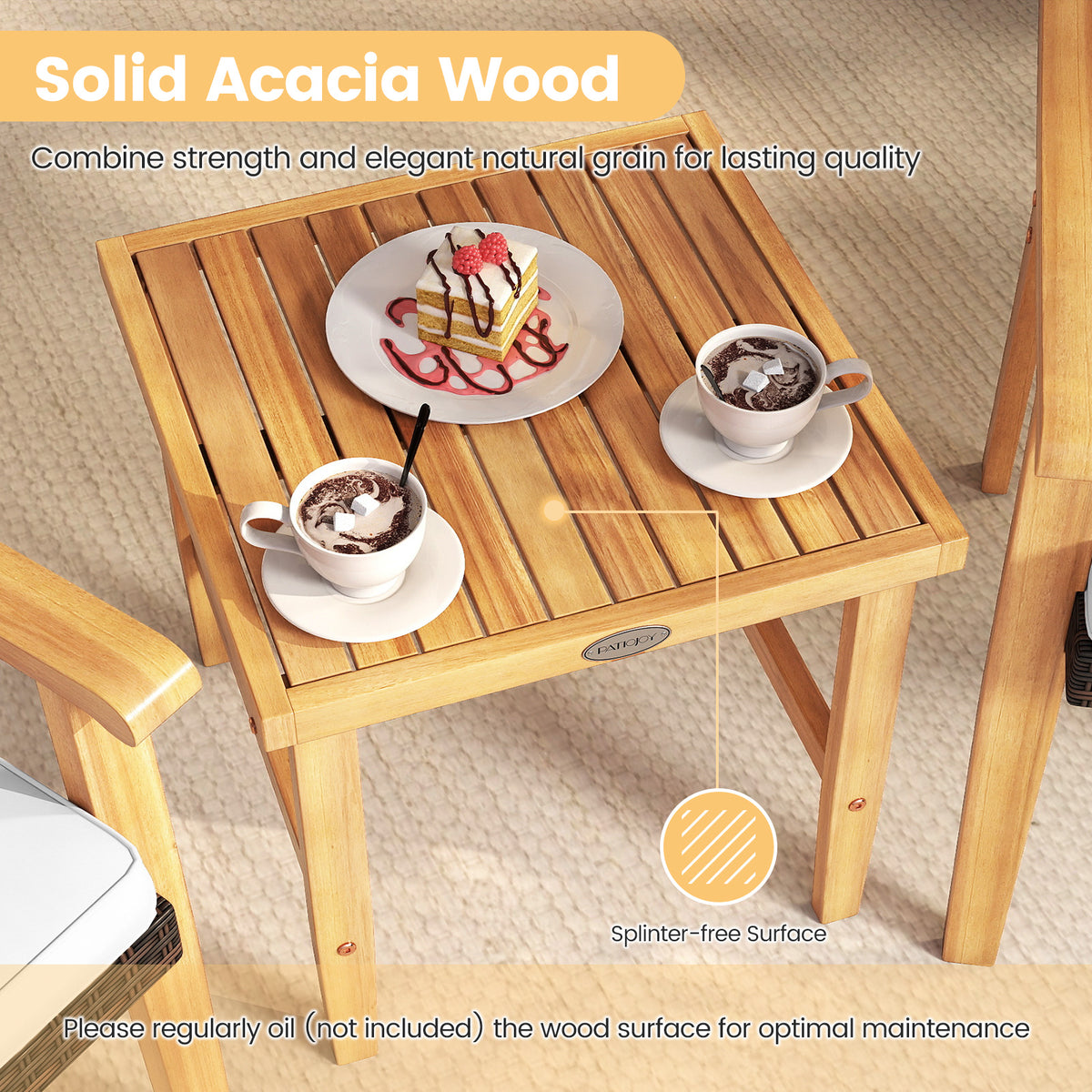 3 Pieces Patio PE Wicker Furniture Set Acacia Wood Outdoor Conversation Bistro Set-White