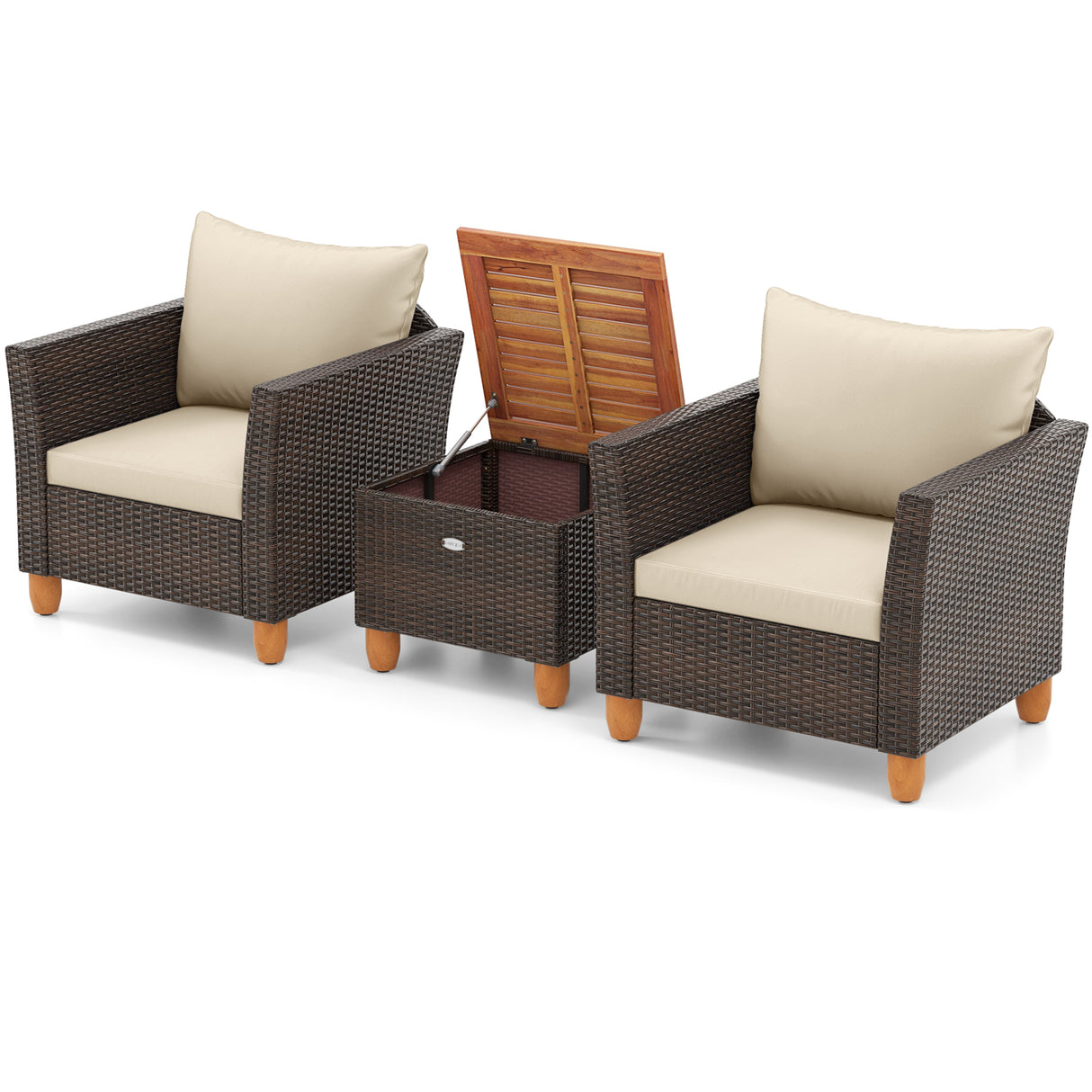 3 Pieces Patio Rattan Bistro Furniture Set with Wooden Table Top