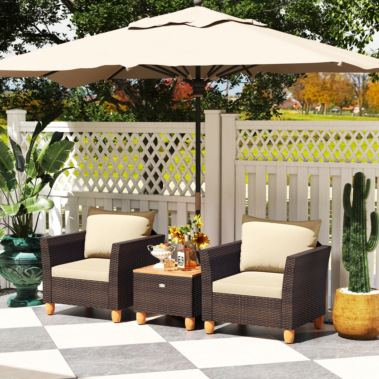 3 Pieces Patio Rattan Bistro Furniture Set with Wooden Table Top