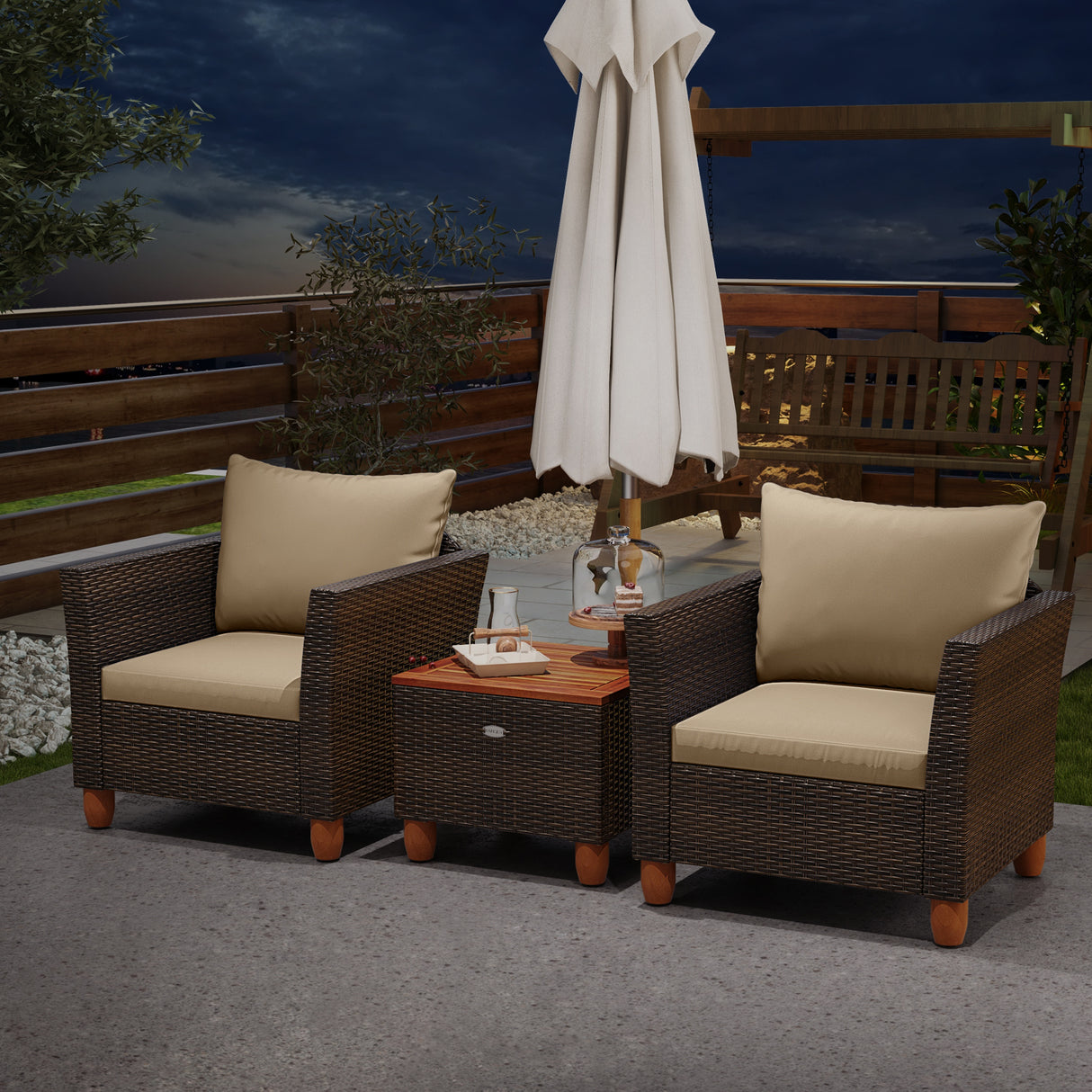 3 Pieces Patio Rattan Bistro Furniture Set with Wooden Table Top