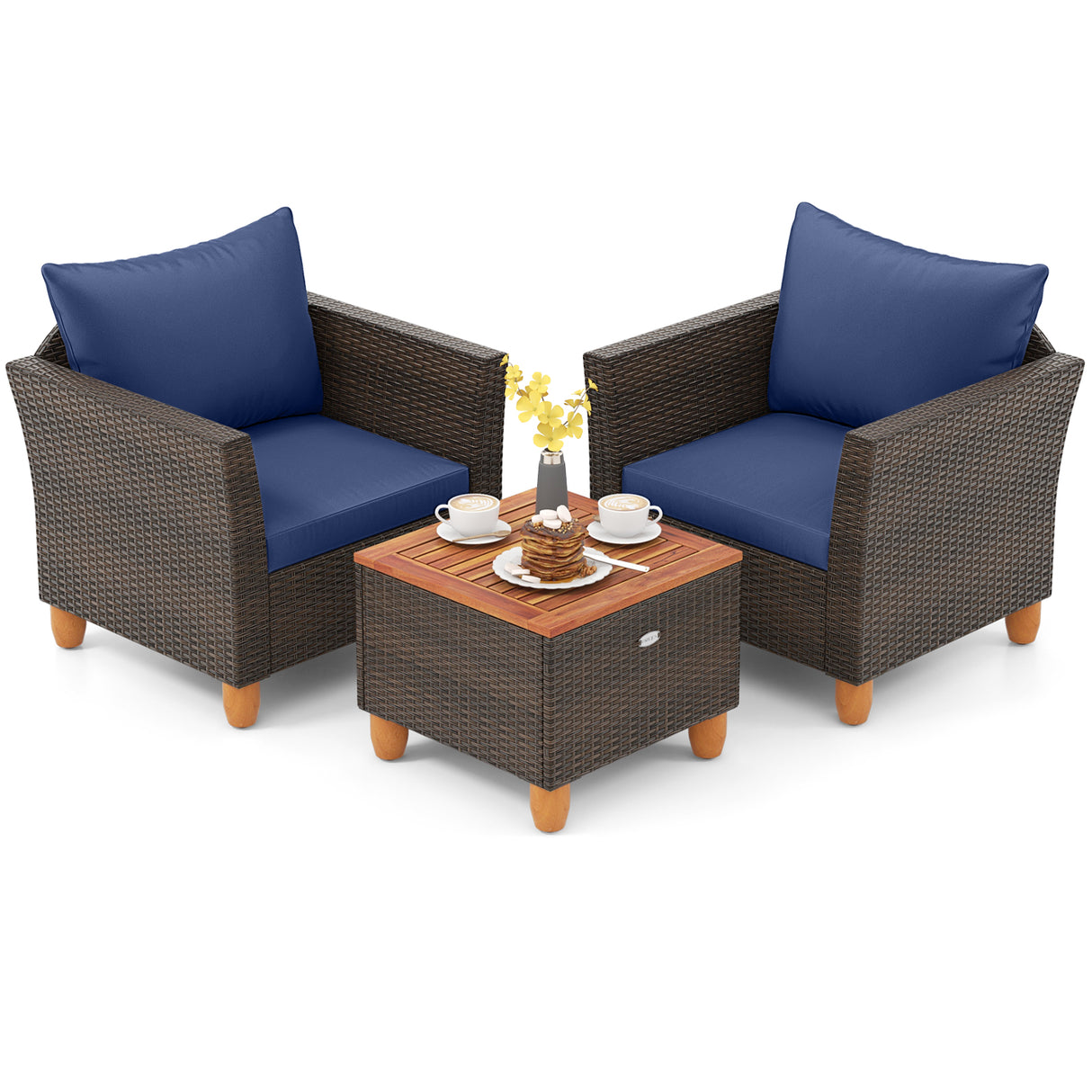3 Pieces Patio Rattan Bistro Furniture Set with Wooden Table Top