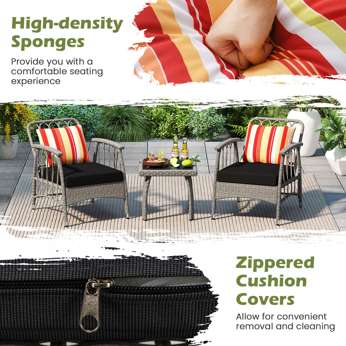 3 Pieces Patio PE Wicker Furniture Set with 5-Level Adjustable Backrest-Gray
