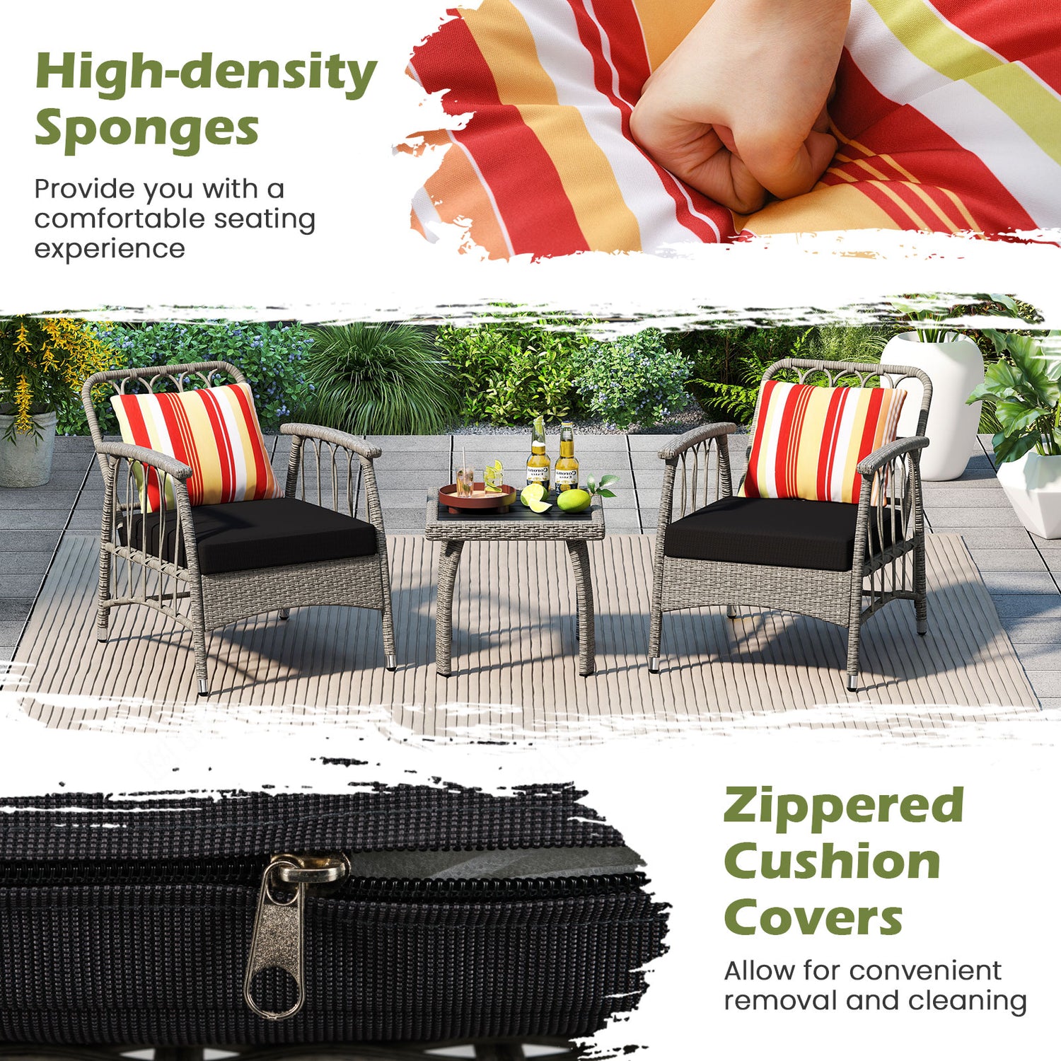 3 Pieces Patio PE Wicker Furniture Set with 5-Level Adjustable Backrest-Gray