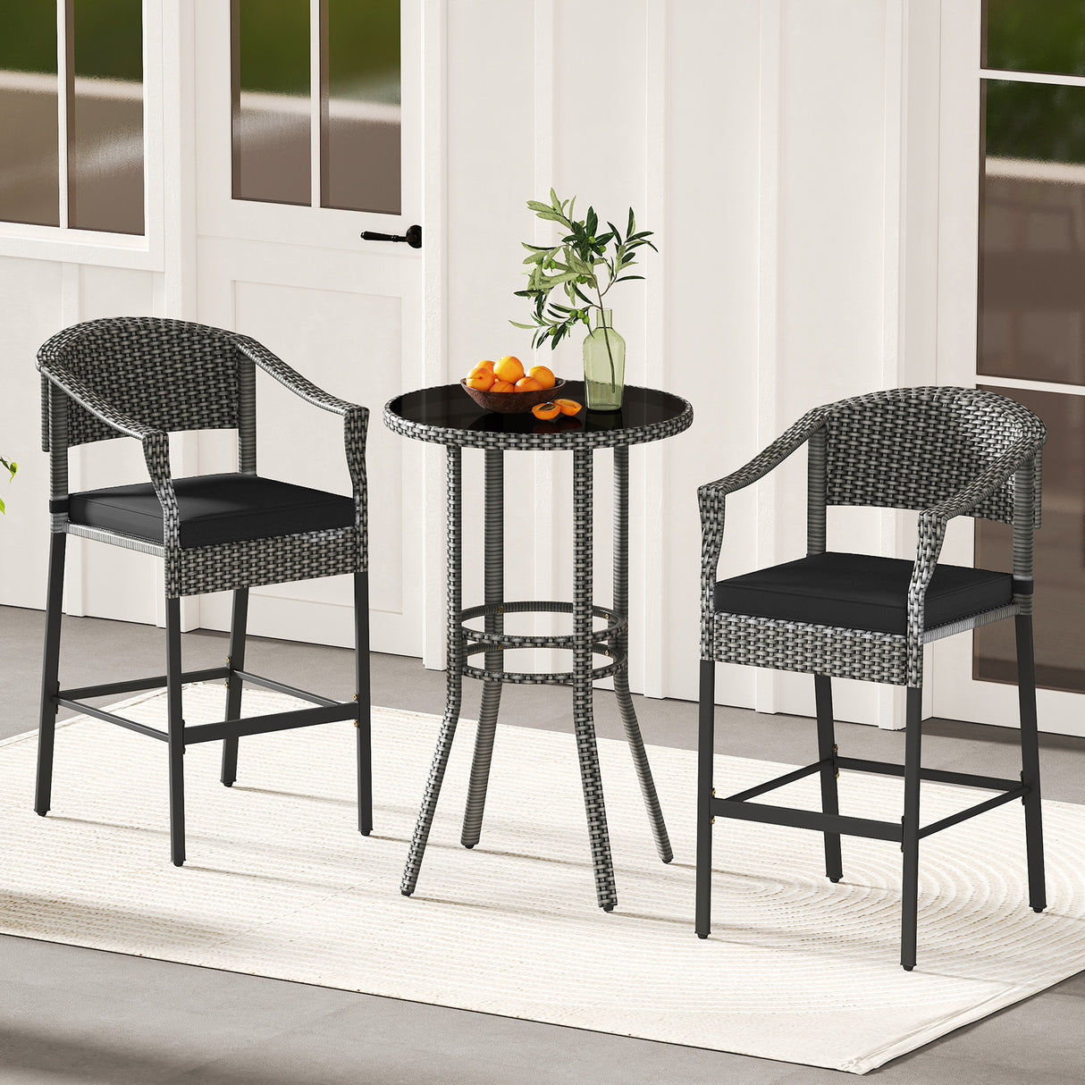 3-Piece Patio Rattan Bar Set with Tempered Glass Top for Backyard Poolside