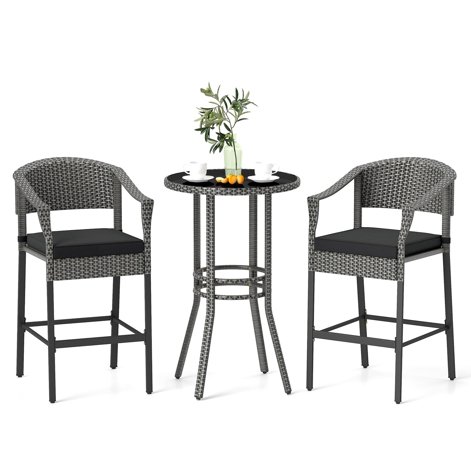 3-Piece Patio Rattan Bar Set with Tempered Glass Top for Backyard Poolside