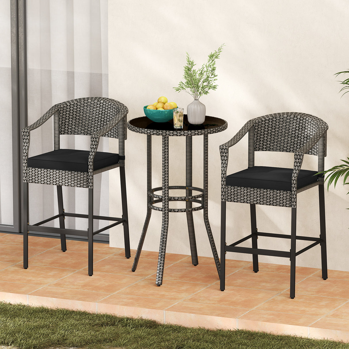 3-Piece Patio Rattan Bar Set with Tempered Glass Top for Backyard Poolside