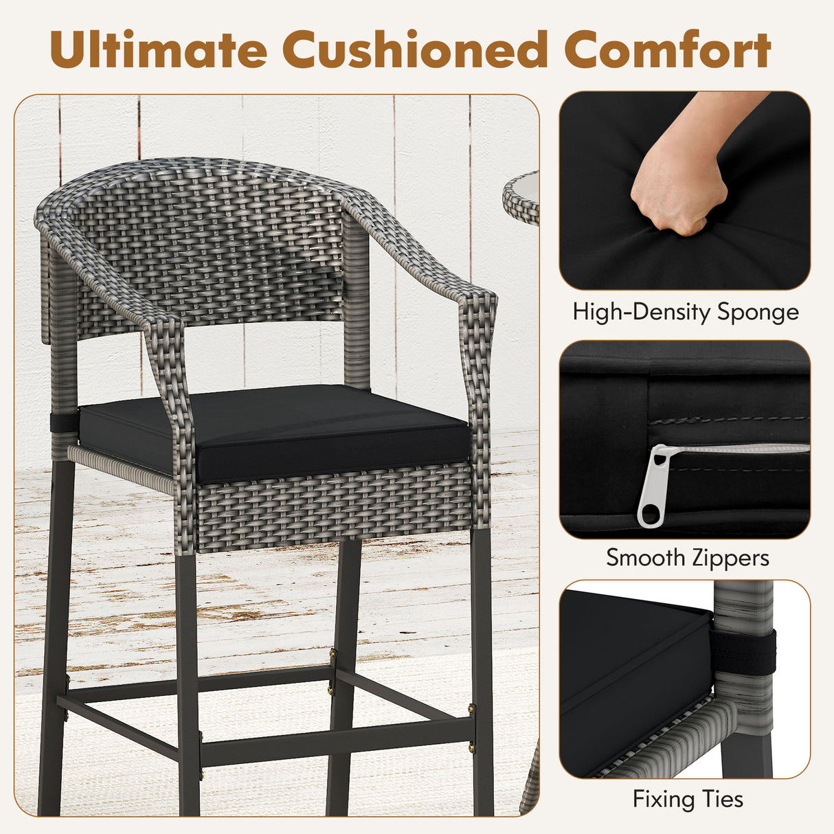 3-Piece Patio Rattan Bar Set with Tempered Glass Top for Backyard Poolside