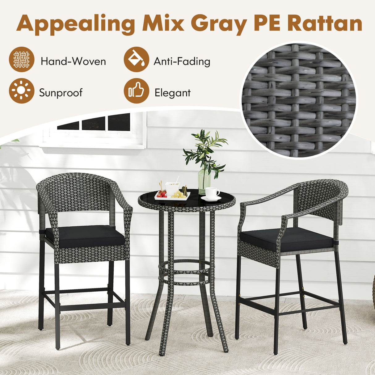 3-Piece Patio Rattan Bar Set with Tempered Glass Top for Backyard Poolside