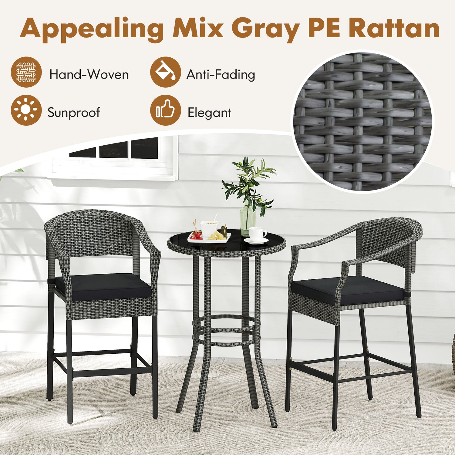 3-Piece Patio Rattan Bar Set with Tempered Glass Top for Backyard Poolside