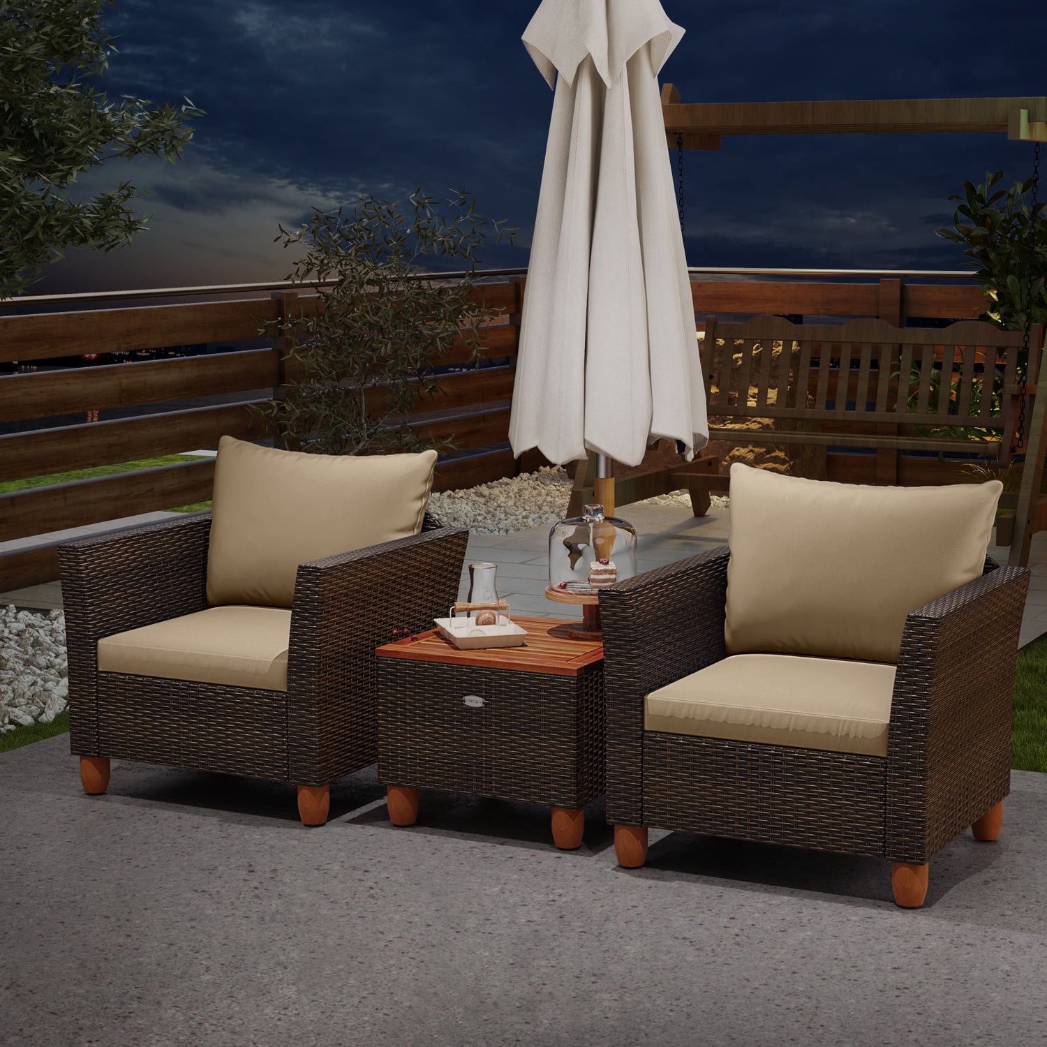 3 Pieces Patio Rattan Bistro Furniture Set with Wooden Table Top