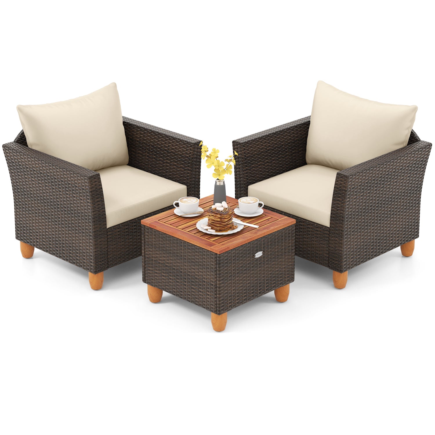 3 Pieces Patio Rattan Bistro Furniture Set with Wooden Table Top