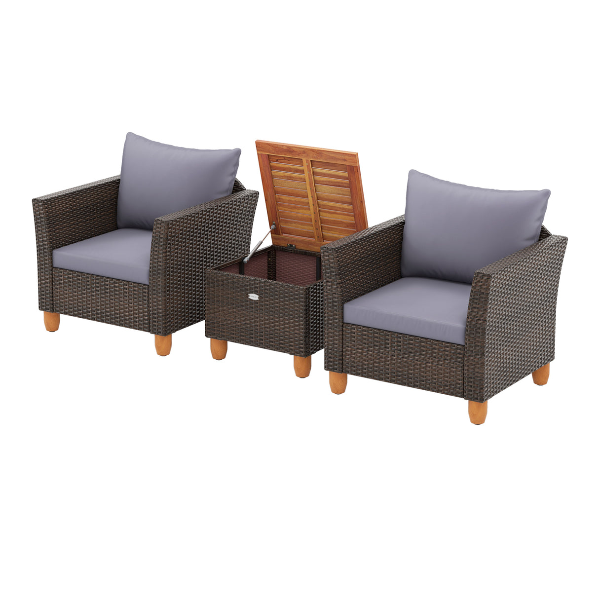 3 Pieces Patio Rattan Bistro Furniture Set with Wooden Table Top