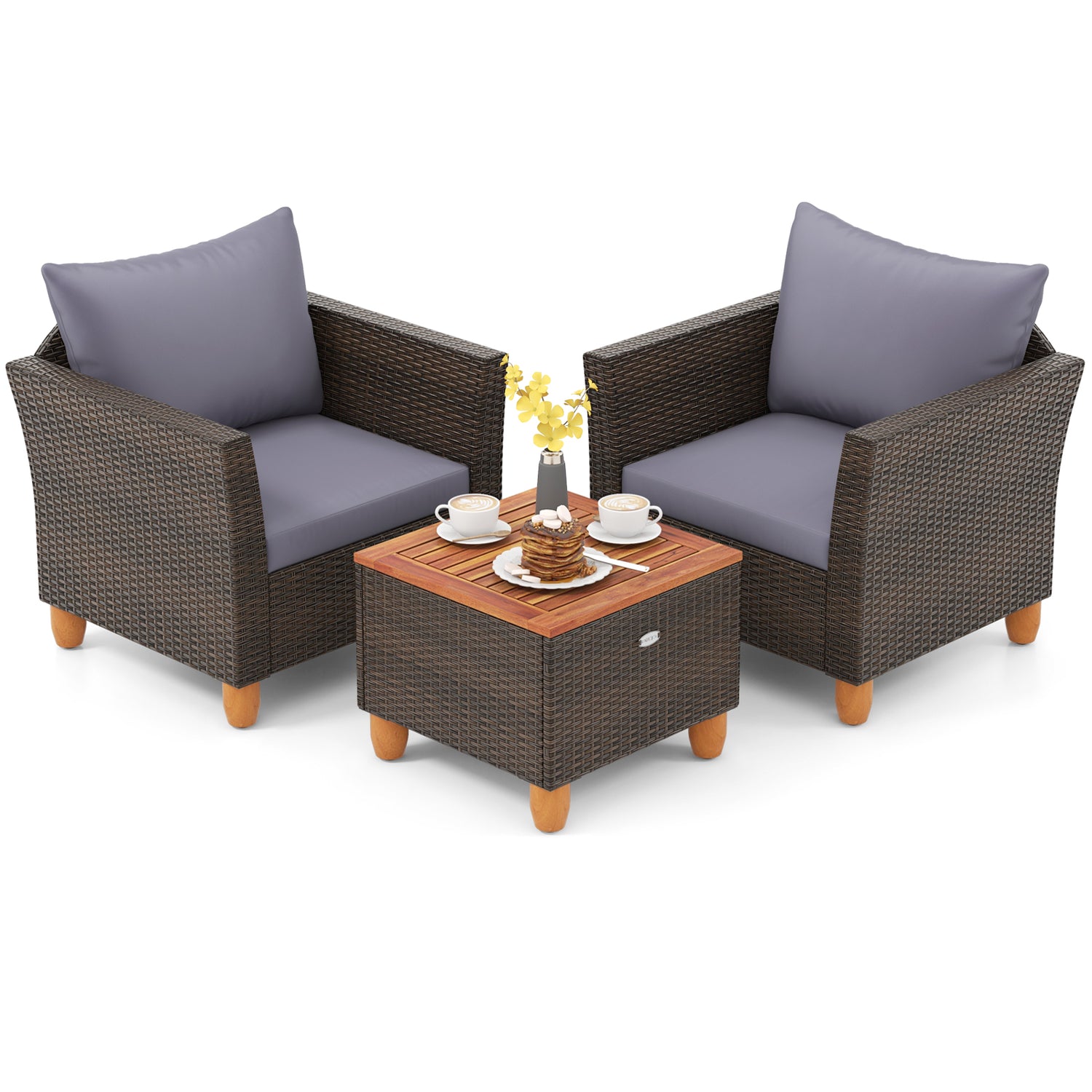 3 Pieces Patio Rattan Bistro Furniture Set with Wooden Table Top