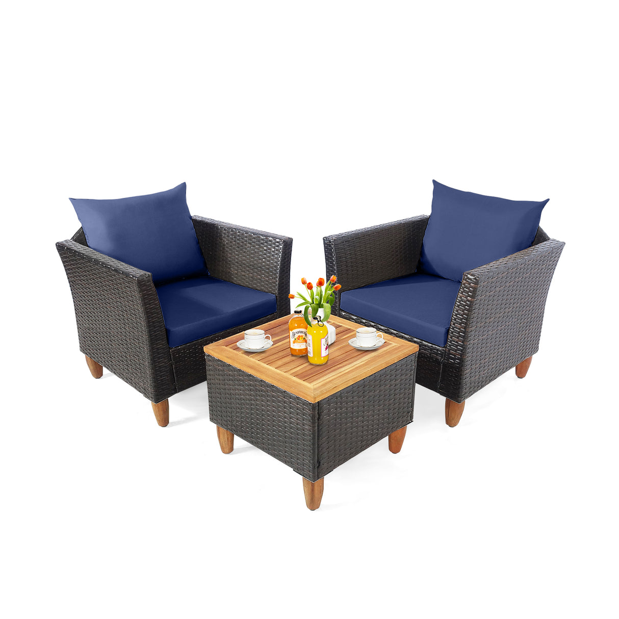 3 Pieces Patio Rattan Bistro Furniture Set with Wooden Table Top