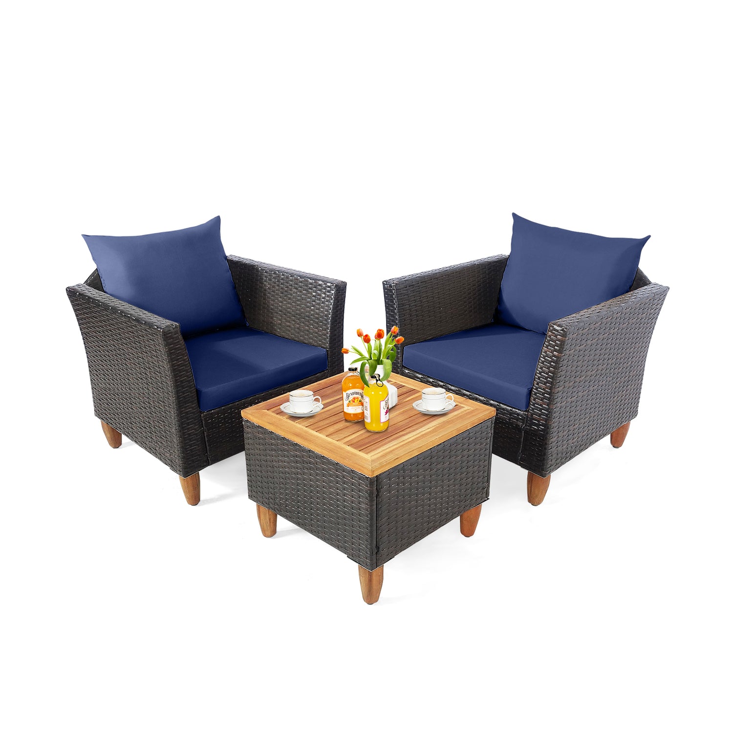 3 Pieces Patio Rattan Bistro Furniture Set with Wooden Table Top