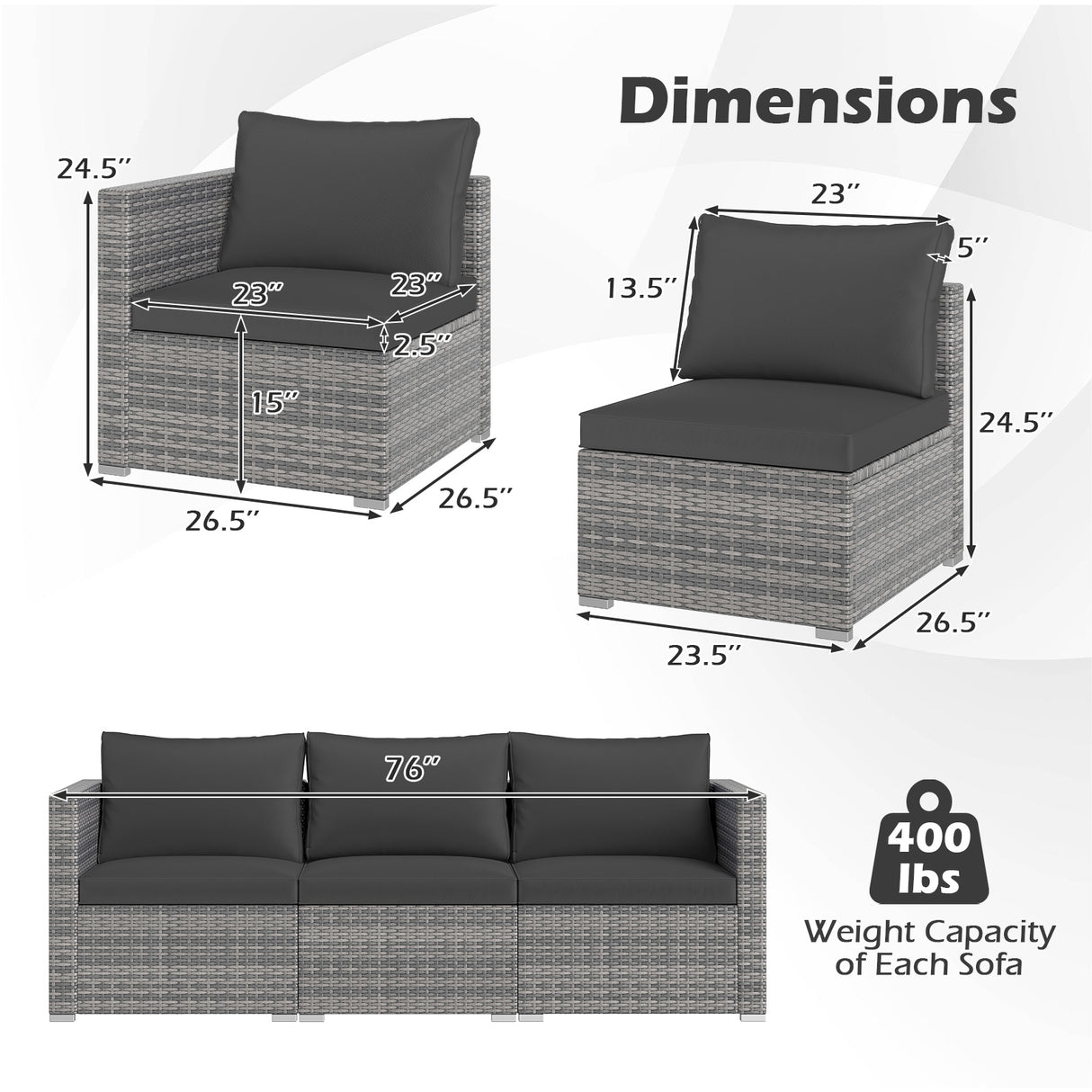 3 Pieces Patio Sectional Sofa Set PE Rattan Modular Couch Furniture Set with Soft Cushions