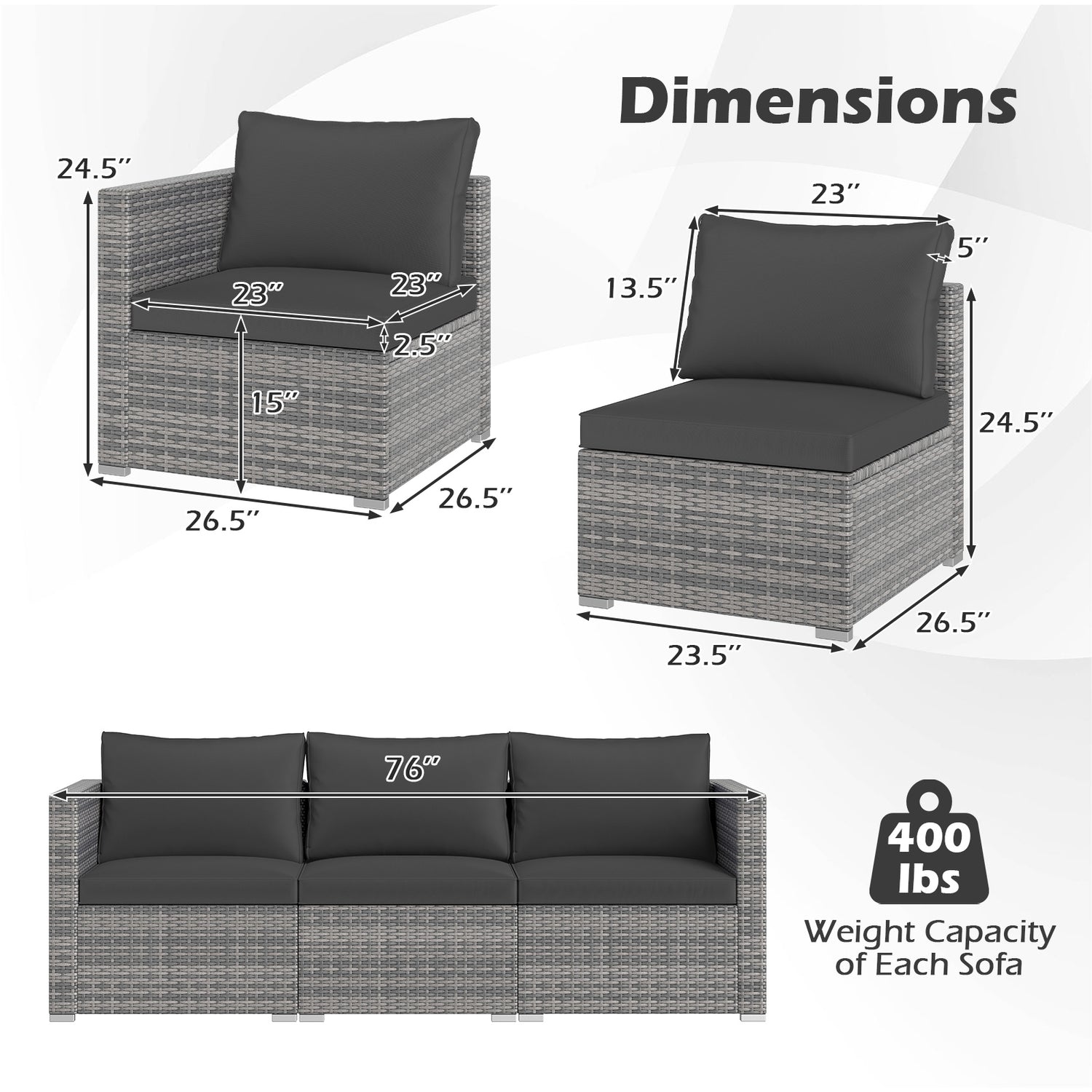3 Pieces Patio Sectional Sofa Set PE Rattan Modular Couch Furniture Set with Soft Cushions