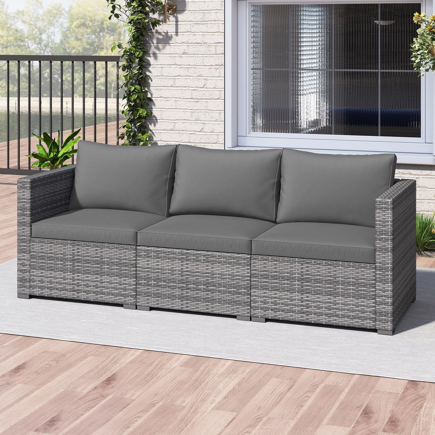 3 Pieces Patio Sectional Sofa Set PE Rattan Modular Couch Furniture Set with Soft Cushions