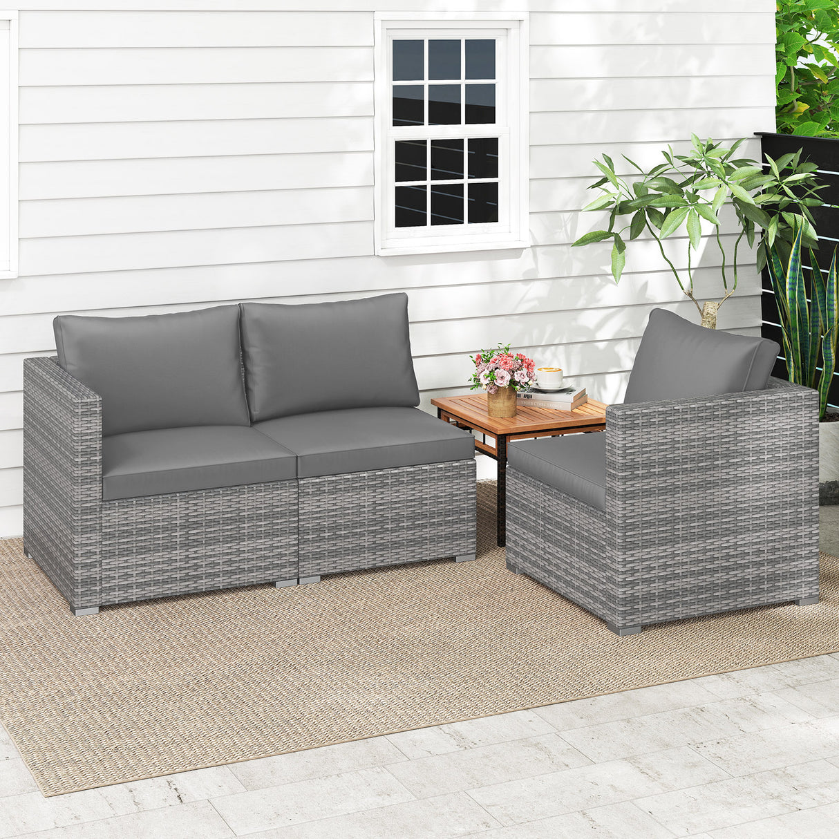 3 Pieces Patio Sectional Sofa Set PE Rattan Modular Couch Furniture Set with Soft Cushions