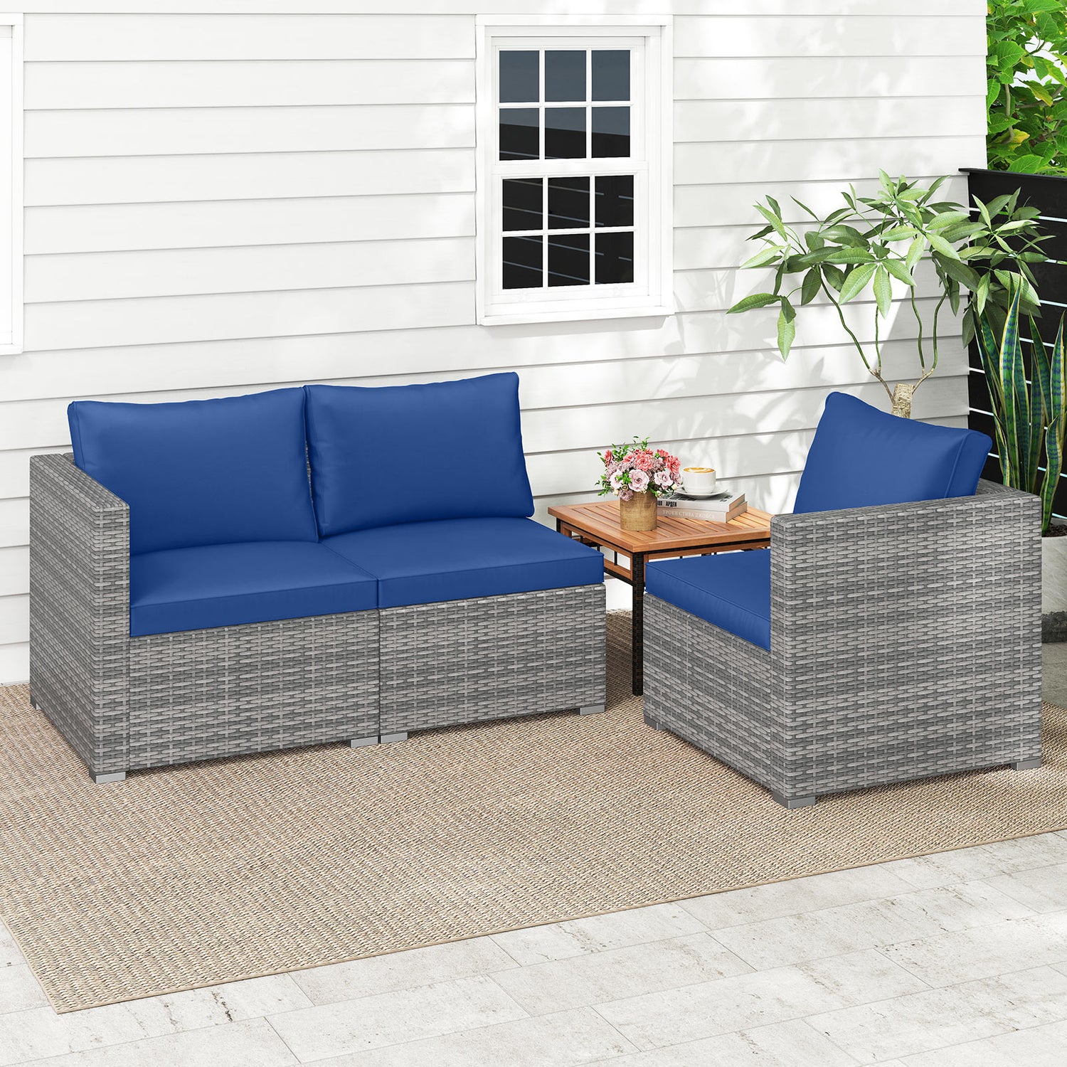 3 Pieces Patio Sectional Sofa Set PE Rattan Modular Couch Furniture Set with Soft Cushions