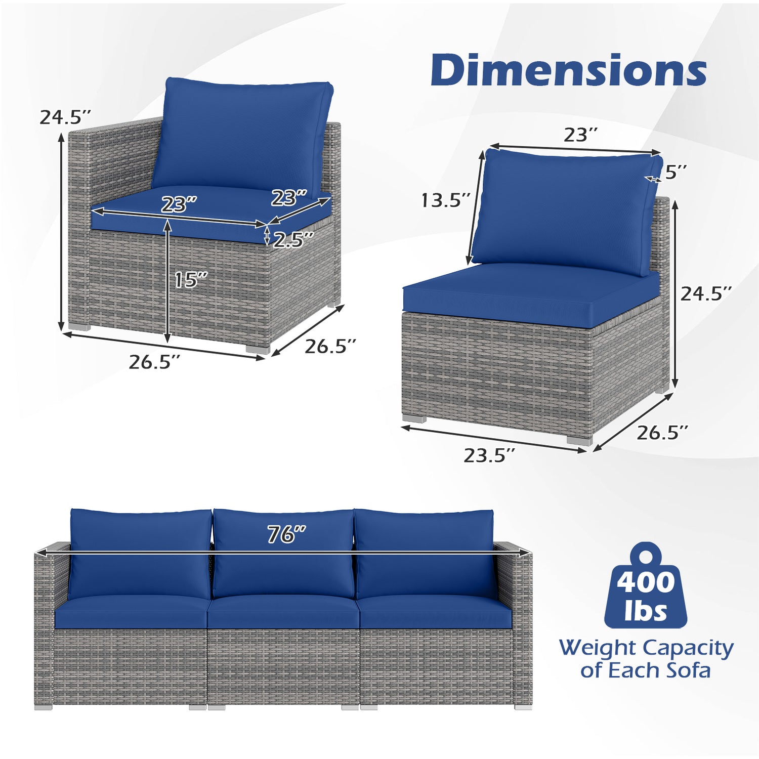 3 Pieces Patio Sectional Sofa Set PE Rattan Modular Couch Furniture Set with Soft Cushions