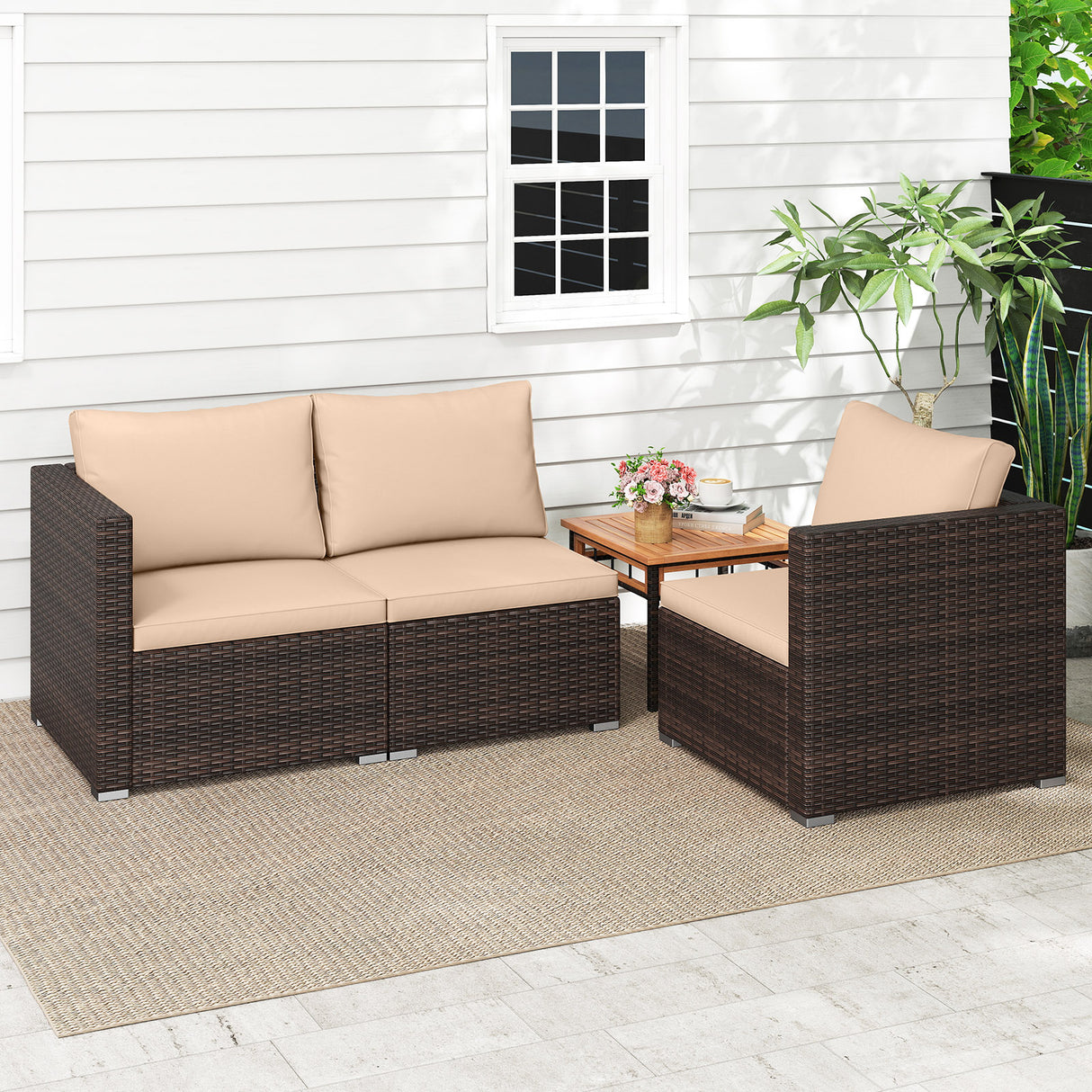 3 Pieces Patio Sectional Sofa Set with Soft Cushions