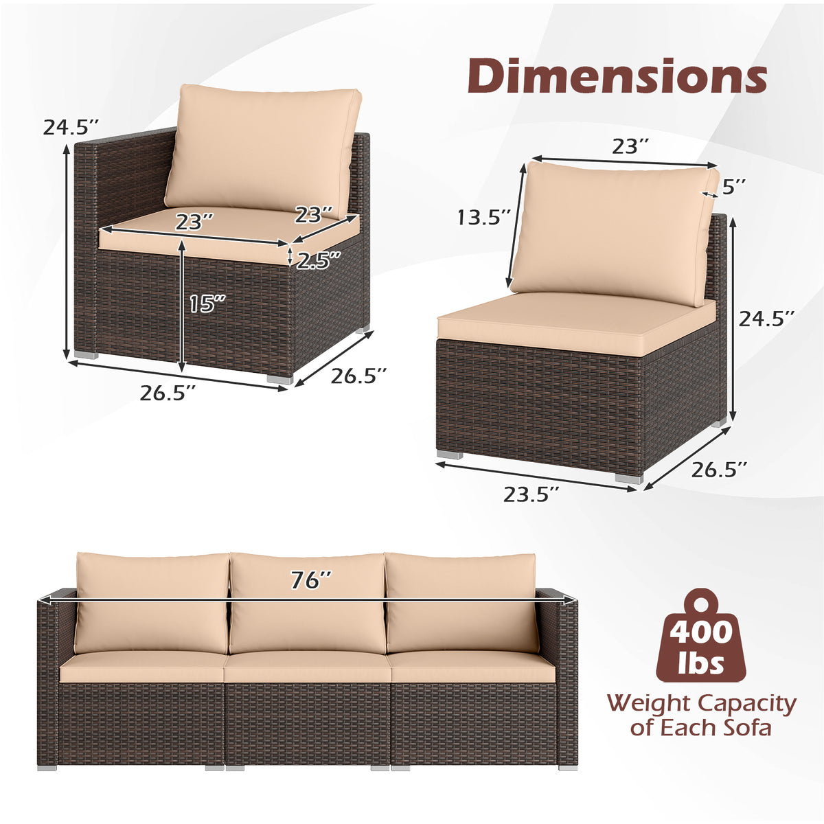 3 Pieces Patio/Outdoor Sectional Sofa Set with Soft Cushions