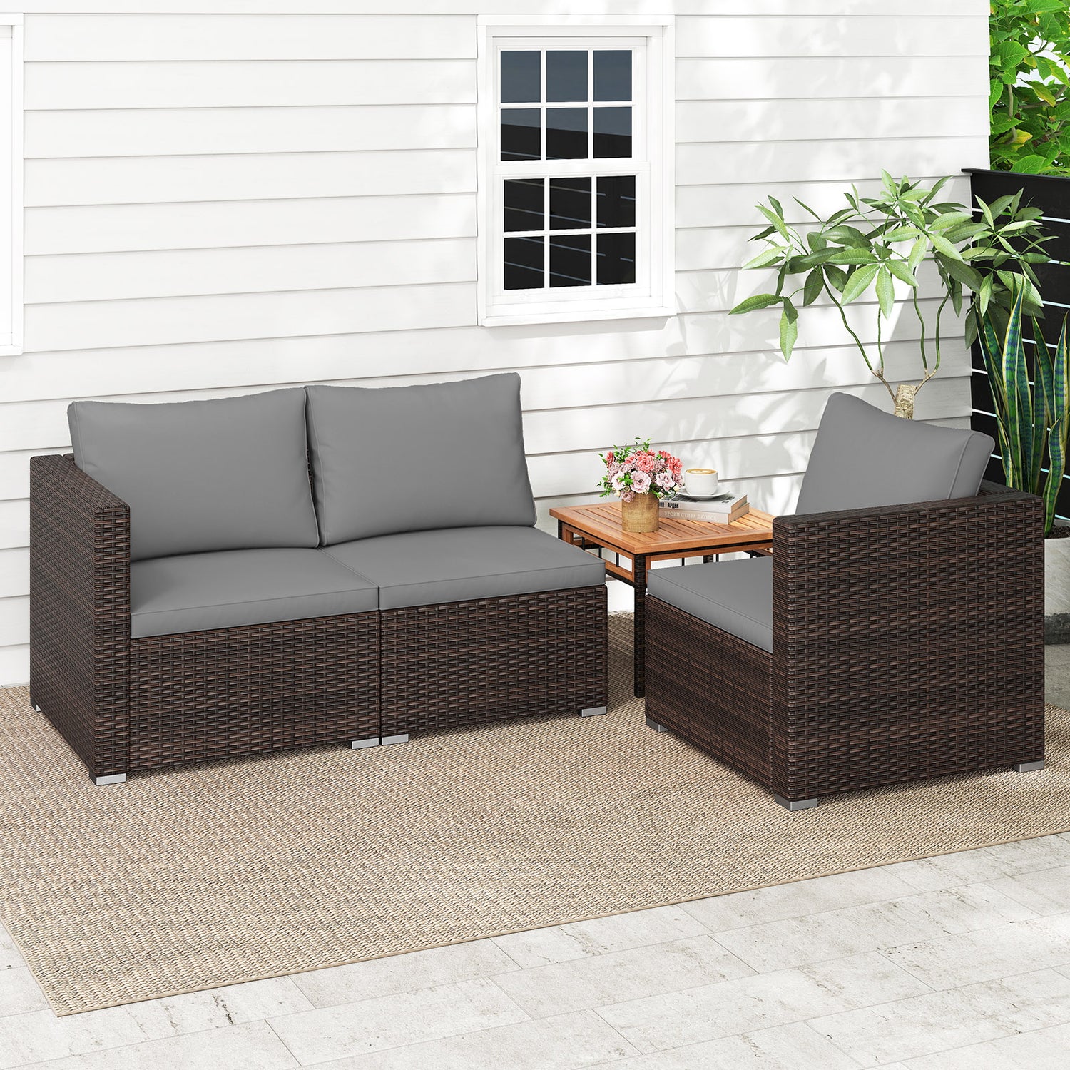 3 Pieces Patio Sectional Sofa Set with Soft Cushions