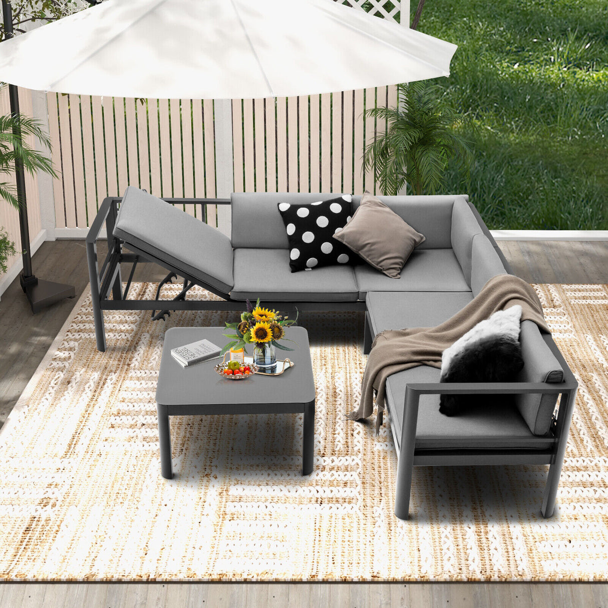 3 Pieces Aluminum Patio Furniture Set with 6-Level Adjustable Backrest-Gray