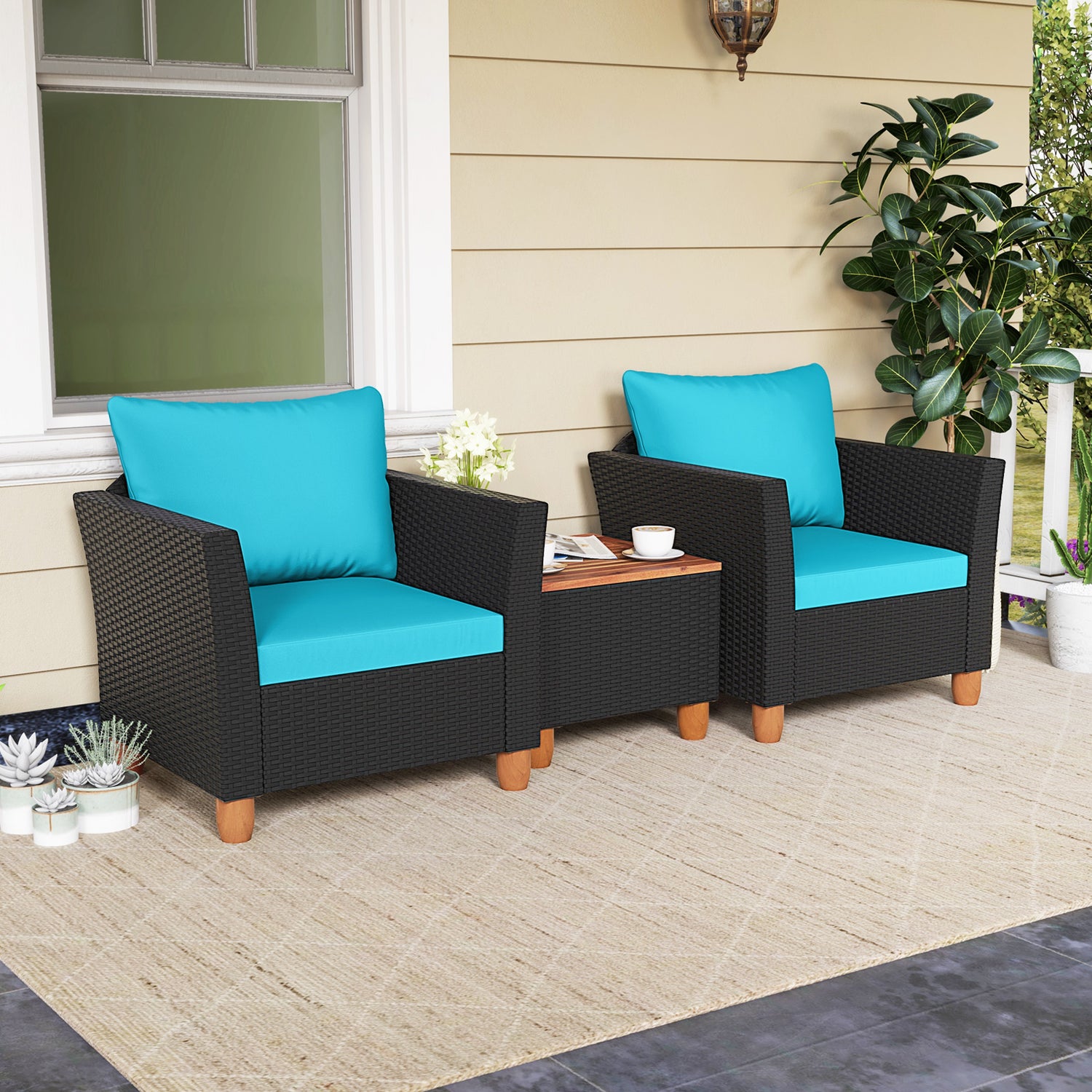 3 Pieces Outdoor Patio Rattan Furniture Set with Coffee Table