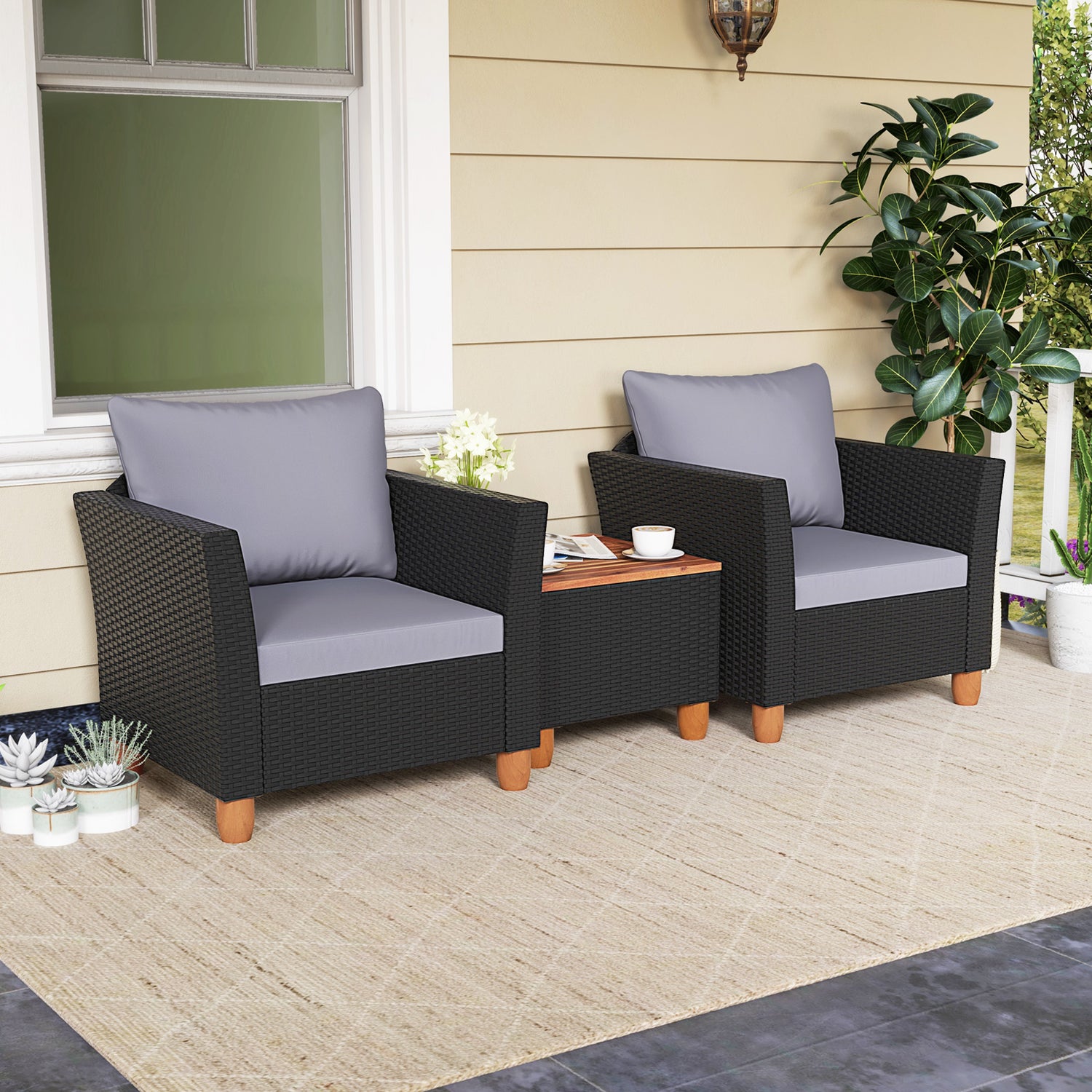3 Pieces Outdoor Patio Rattan Furniture Set with Coffee Table