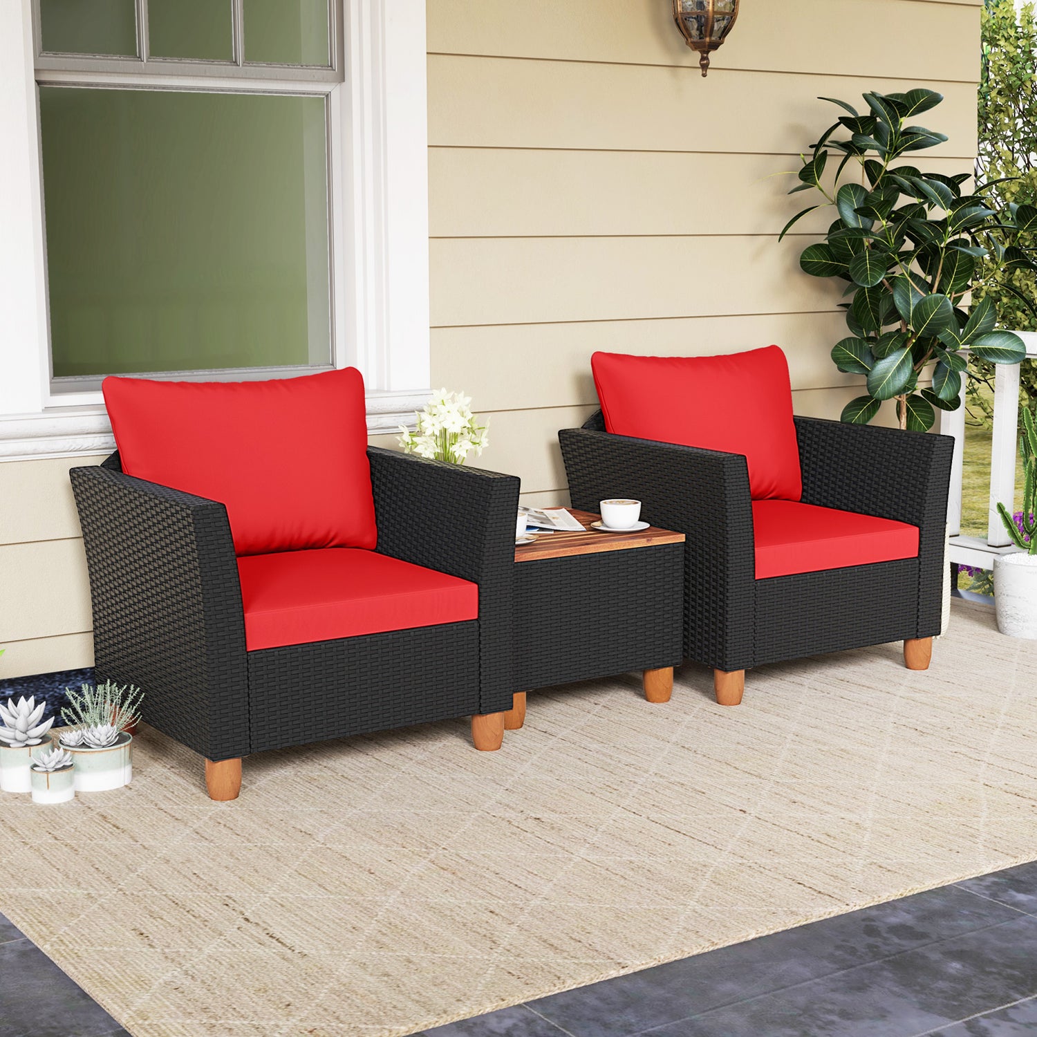 3 Pieces Outdoor Patio Rattan Furniture Set with Coffee Table