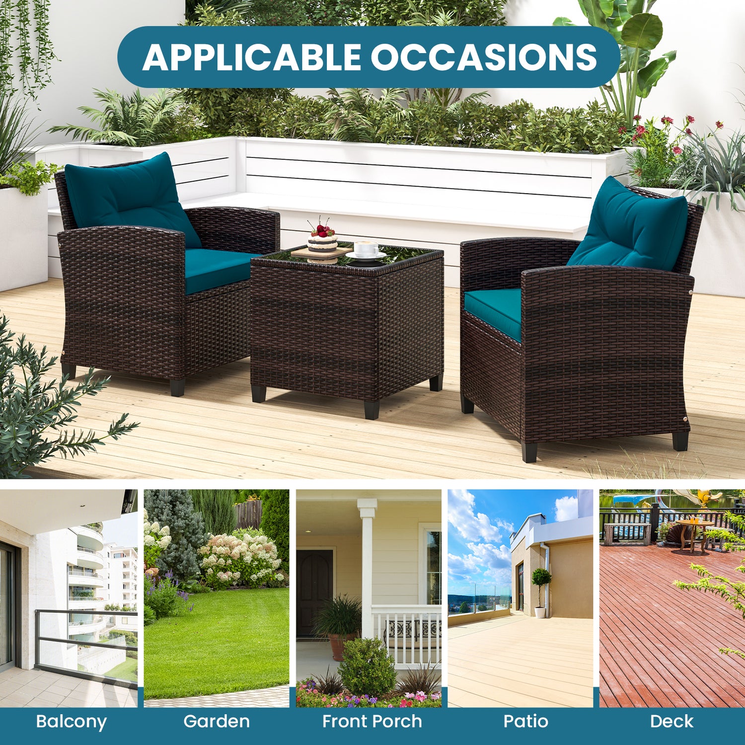 3 Pcs Patio Rattan Furniture Set Cushioned Conversation Set Coffee Table