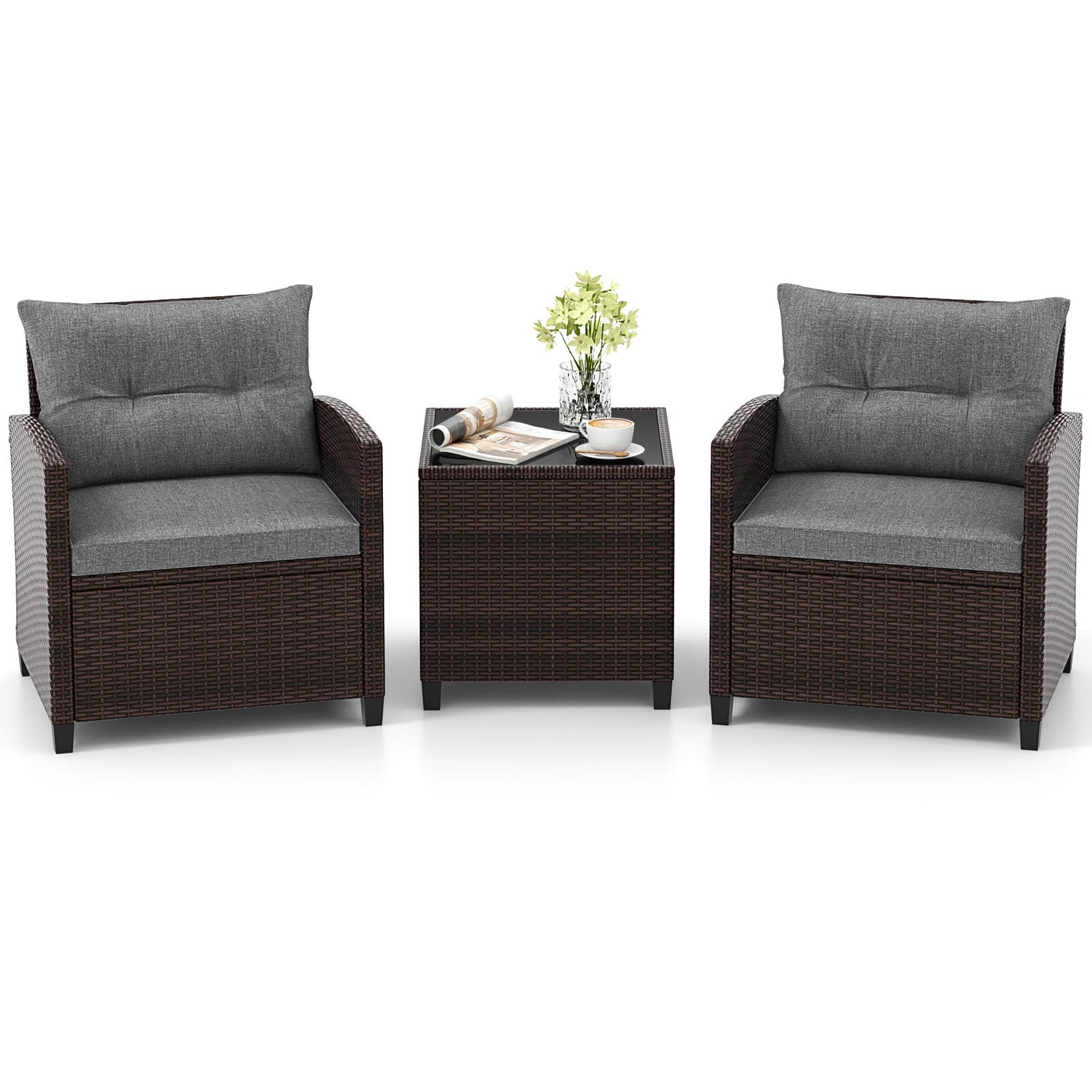 3 Pcs Patio Rattan Furniture Set Cushioned Conversation Set Coffee Table