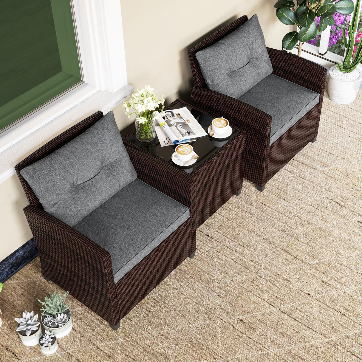 3 Pcs Patio Rattan Furniture Set Cushioned Conversation Set Coffee Table
