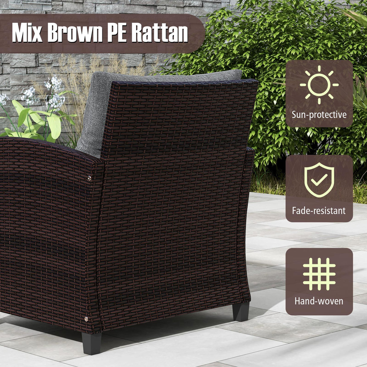 3 Pcs Patio Rattan Furniture Set Cushioned Conversation Set Coffee Table
