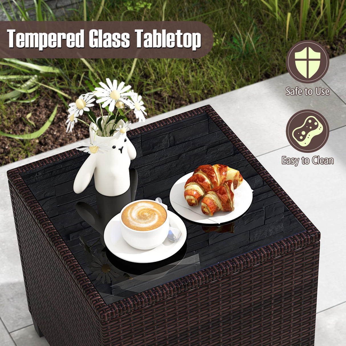 3 Pcs Patio Rattan Furniture Set Cushioned Conversation Set Coffee Table