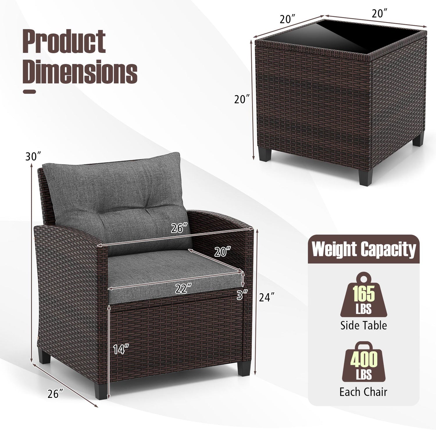 3 Pcs Patio Rattan Furniture Set Cushioned Conversation Set Coffee Table