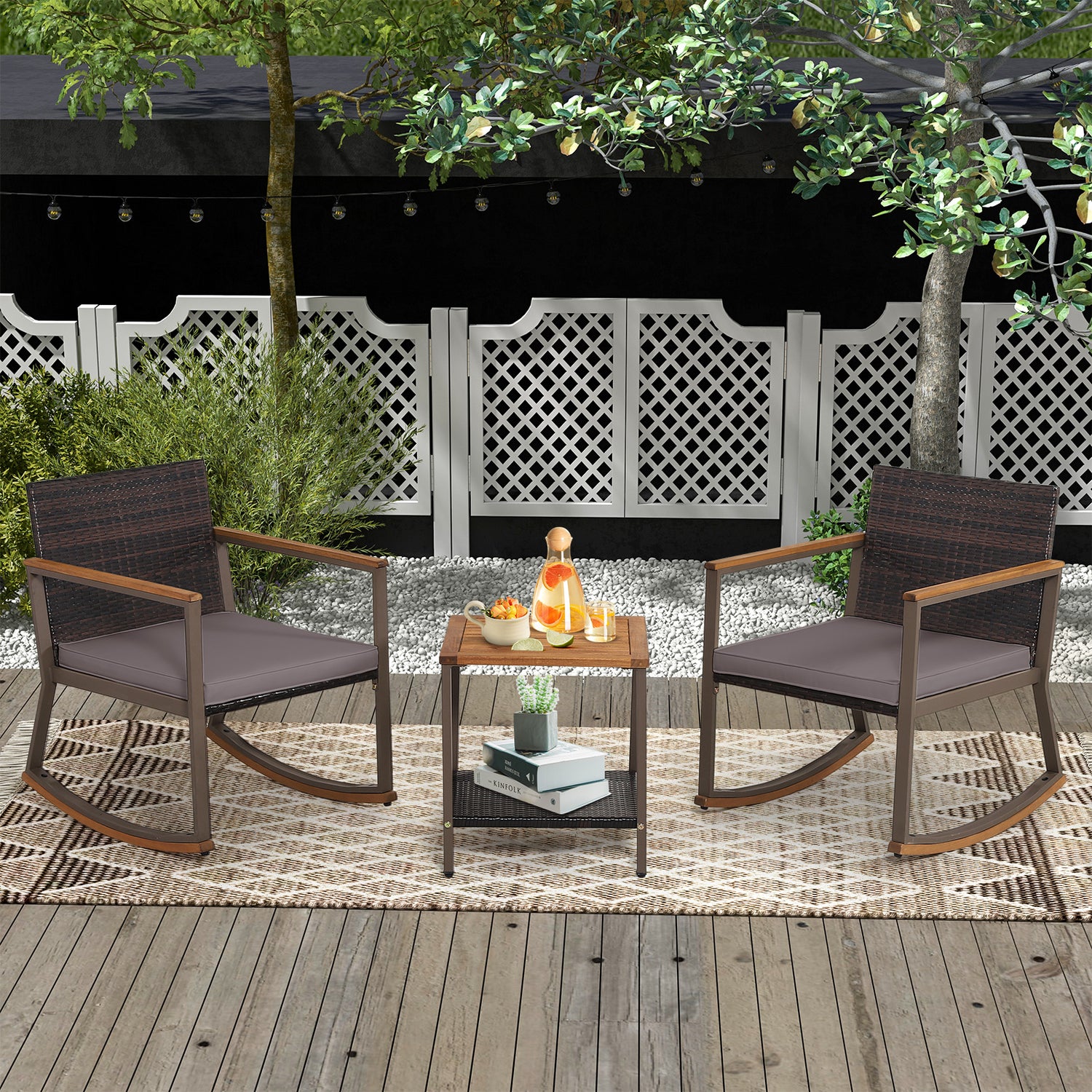 3 Pieces Rattan Rocking Bistro Set with Coffee Table and Cushions