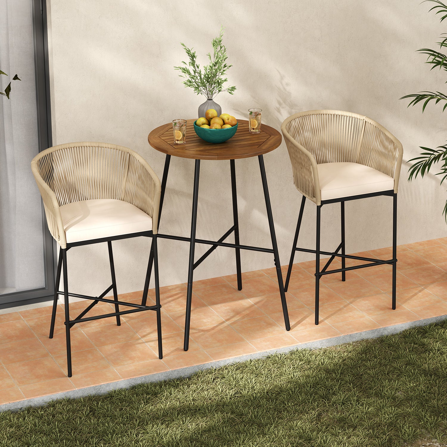 3 Pieces Rope Woven Patio Bar Set with Soft Cushions and Acacia Wood Tabletop-Beige