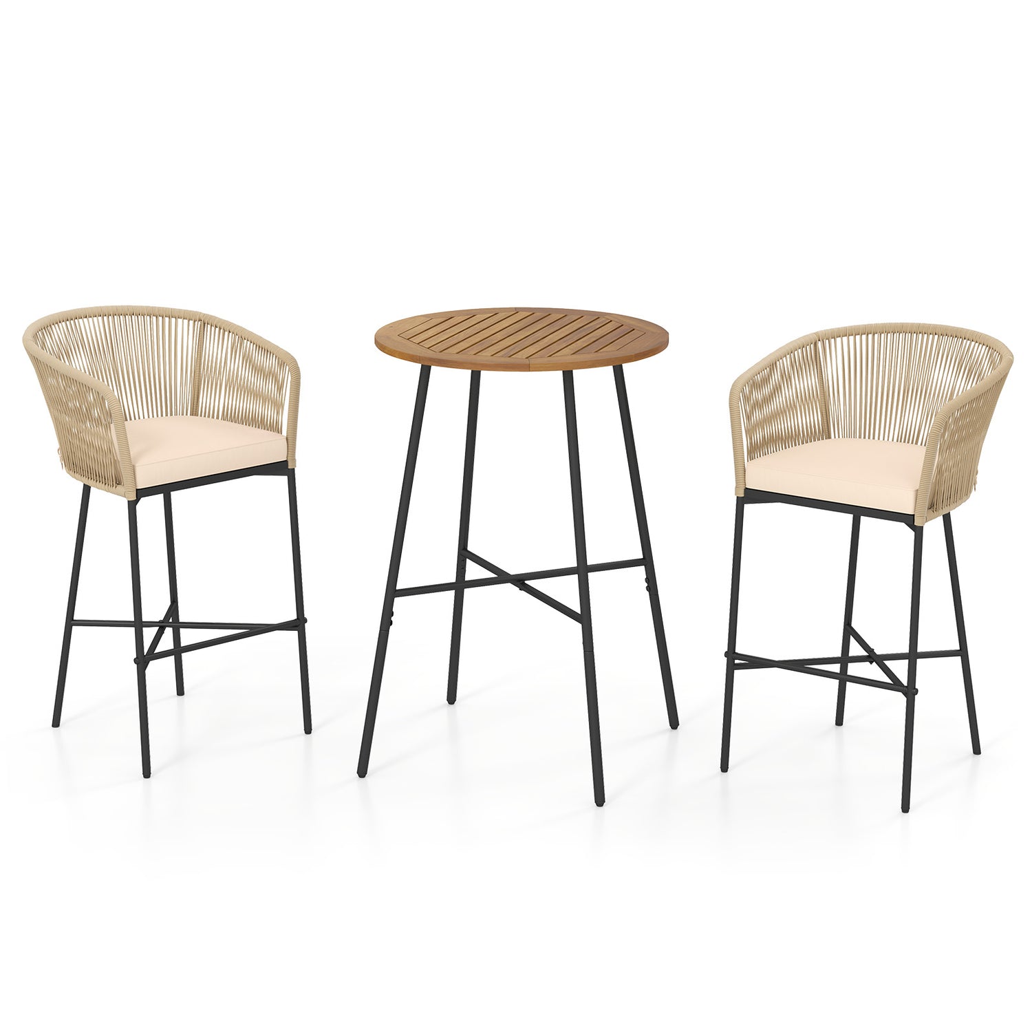 3 Pieces Rope Woven Patio Bar Set with Soft Cushions and Acacia Wood Tabletop-Beige