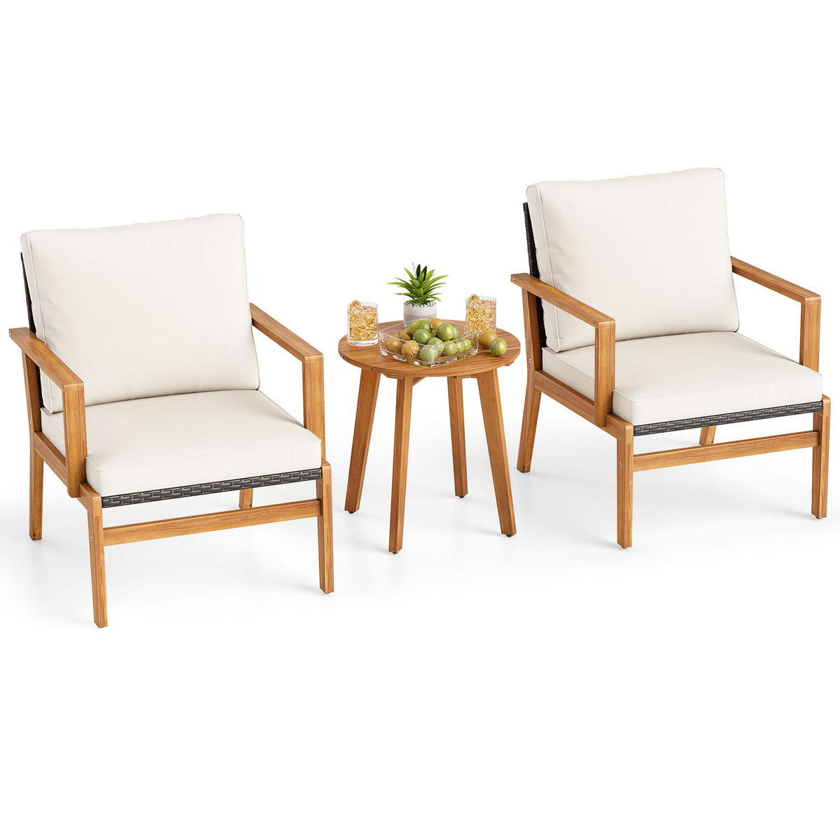 3 Pieces Wicker Sofa and Acacia Wood Table Set with Seat and Back Cushion-Offwhite