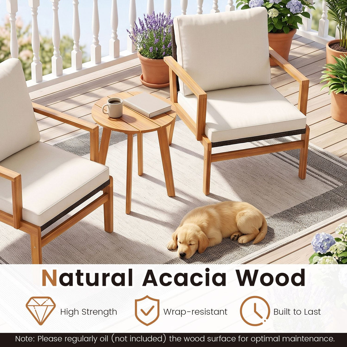3 Pieces Wicker Sofa and Acacia Wood Table Set with Seat and Back Cushion-Offwhite