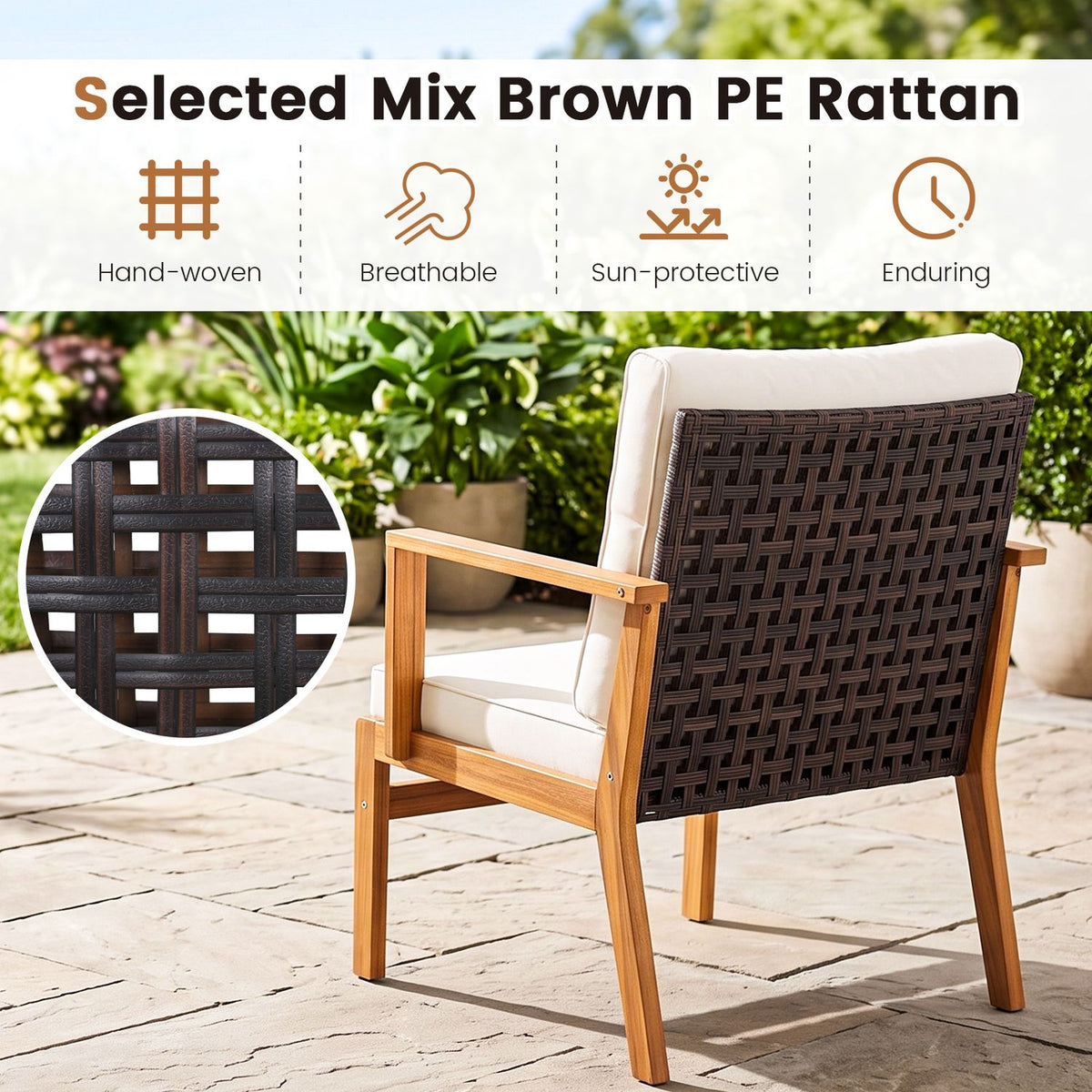 3 Pieces Wicker Sofa and Acacia Wood Table Set with Seat and Back Cushion-Offwhite